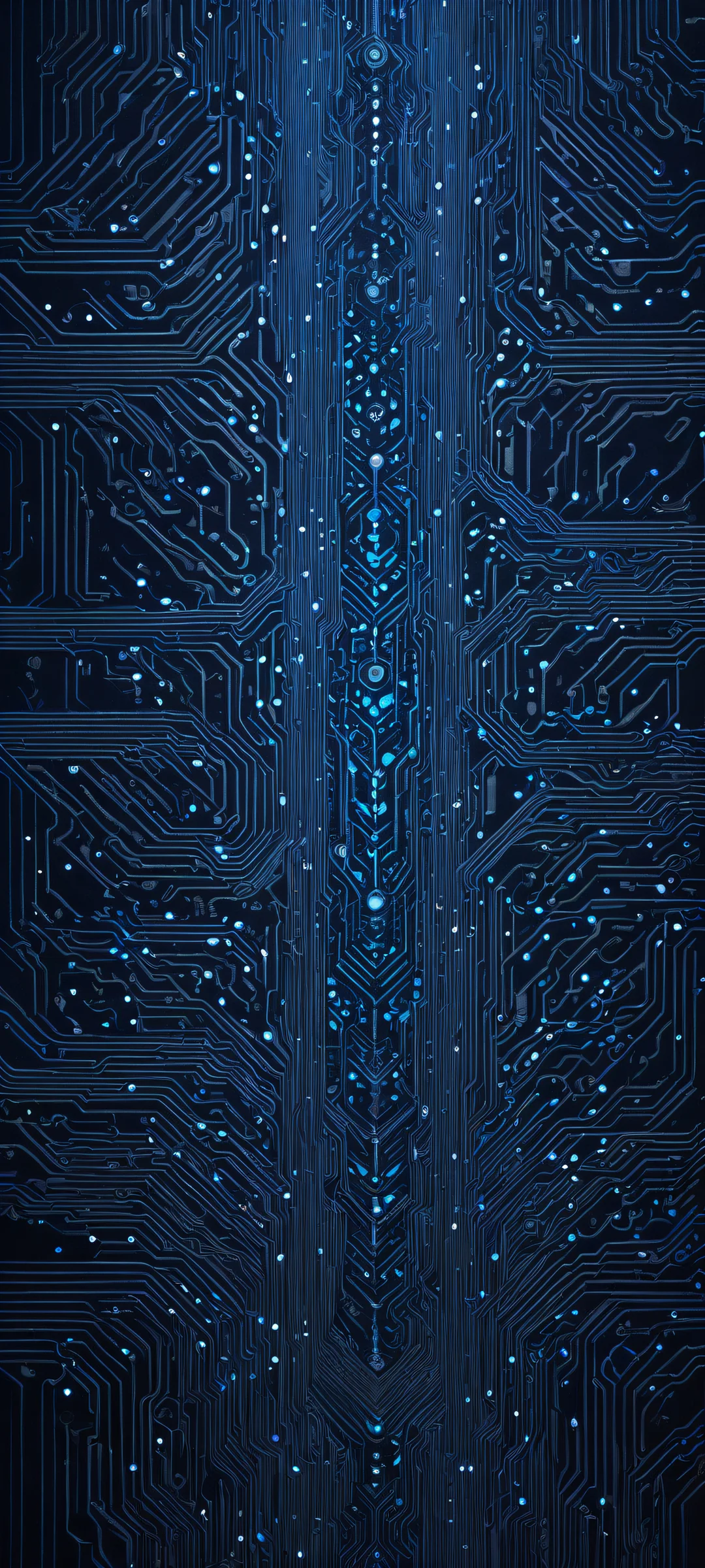 A serene digital artwork featuring a stylized blue circuit on a deep blue background for iPhone/Android home screens, offering a perfect blend of calm and contemplation.