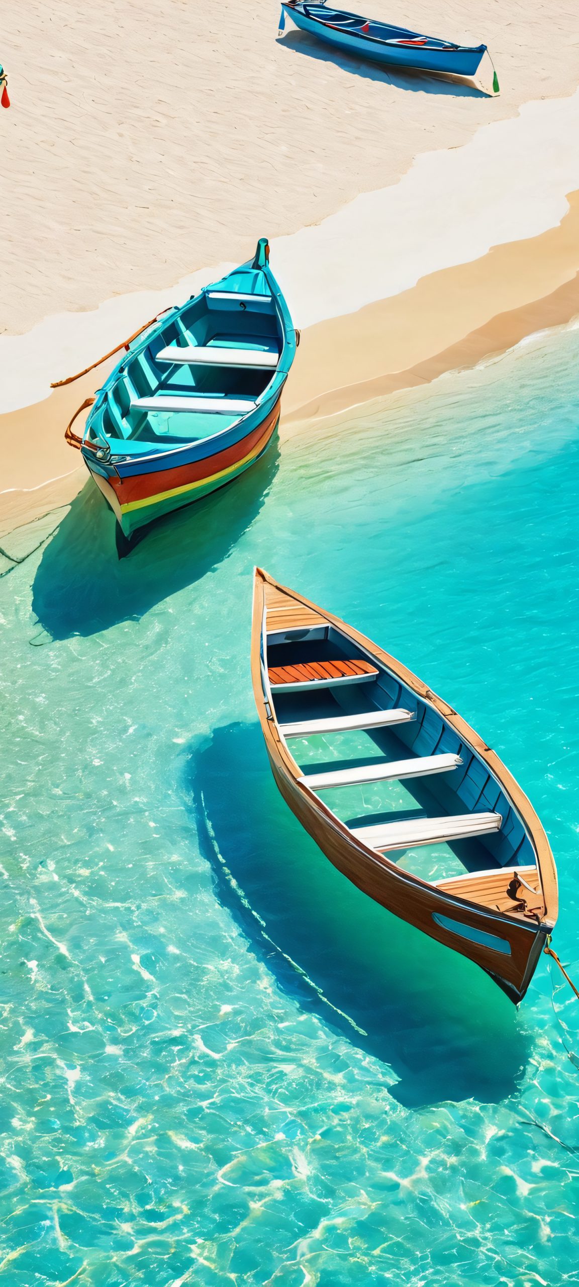 A stunning vertical mobile wallpaper featuring boats, beach, and turquoise waters, perfect for iPhone and Android home screens