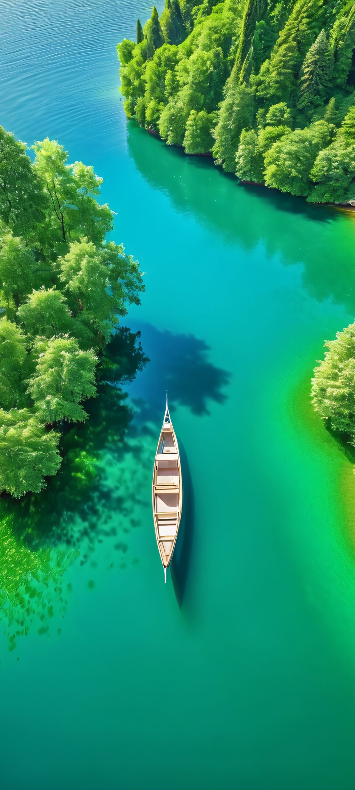 iPhone and Android wallpaper featuring a beautiful boat on a sunny lake with realistic details, perfect for your mobile home screen.
