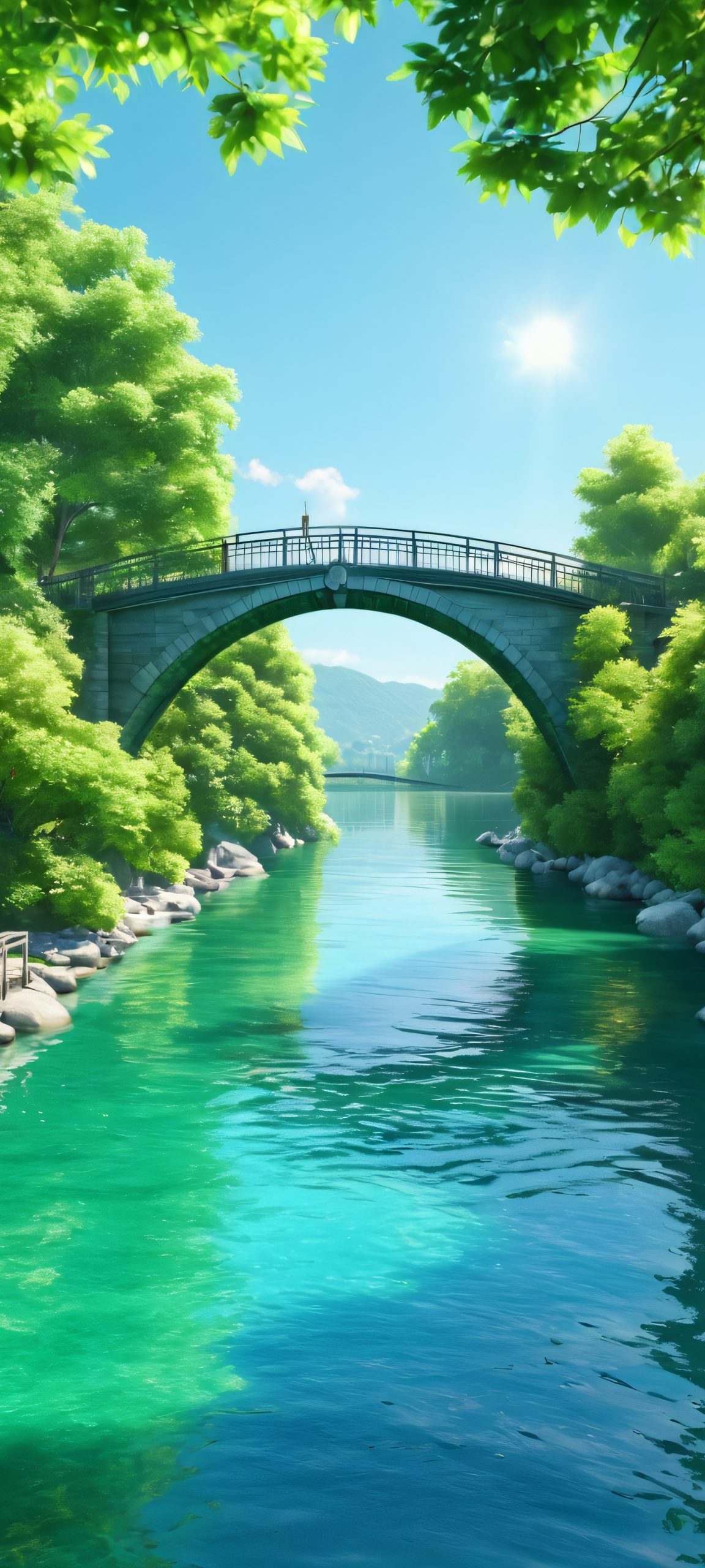 A stunning vertical mobile phone wallpaper of a bridge against a sunny sky, featuring realistic water and architectural details, perfectly optimized for iPhone, Samsung Galaxy, and Android home screens.