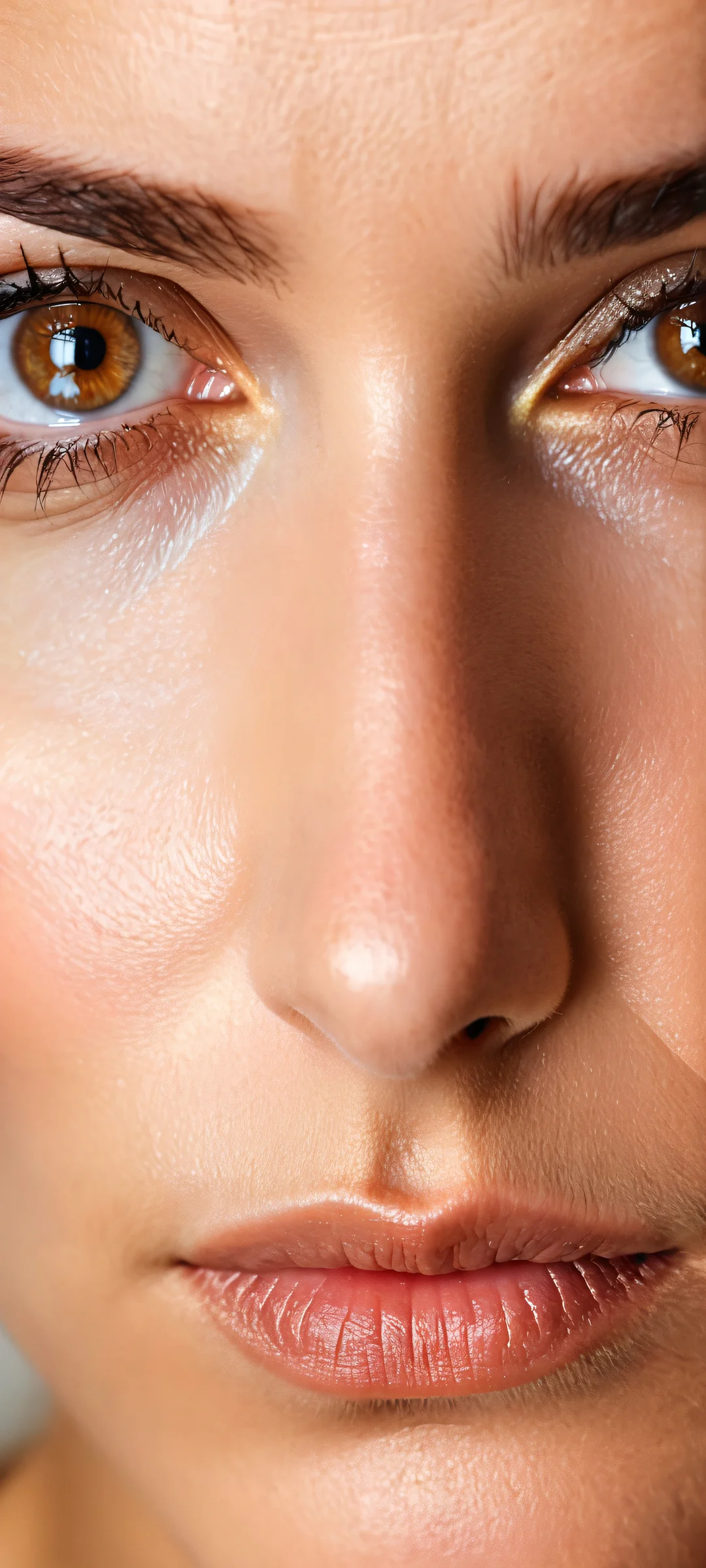 Beautiful brown eyes with soft reflection on a neutral background, perfect for iPhone or Android home screen.