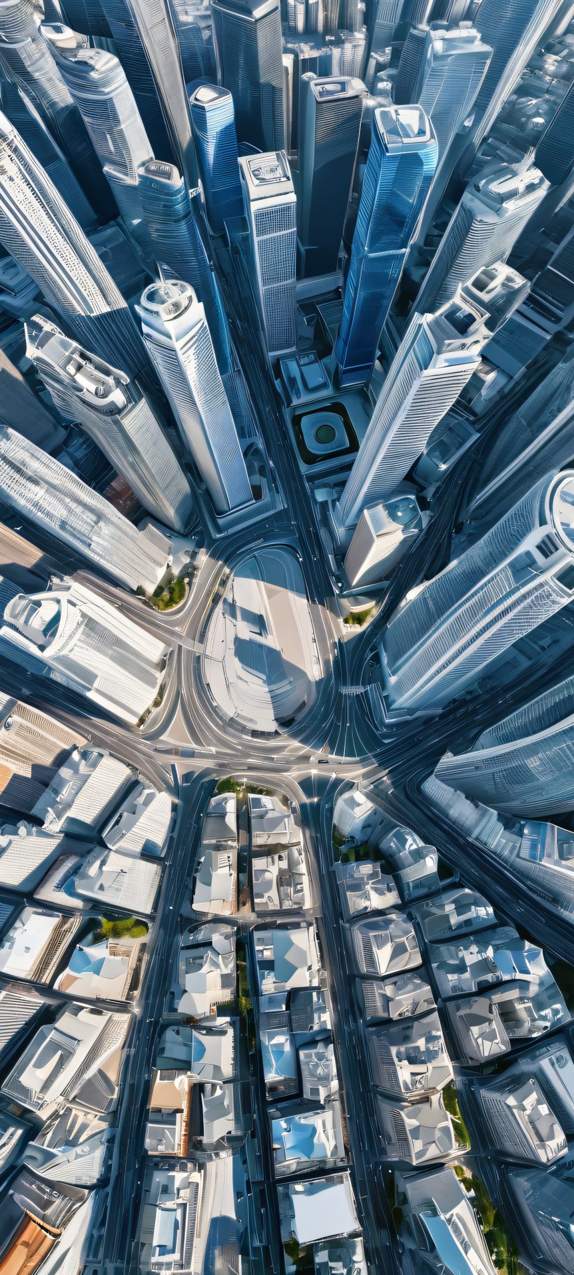 Aerial view of a cityscape on an iPhone or Android phone, featuring a stunning blue sky with gray and white buildings.