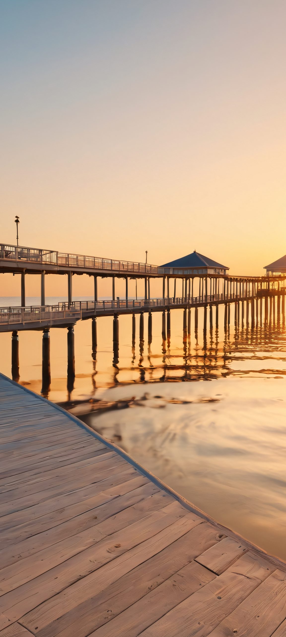 A stunning vertical coastal pier wallpaper for iPhone and Android, featuring warm beige and soft blues during the golden hour