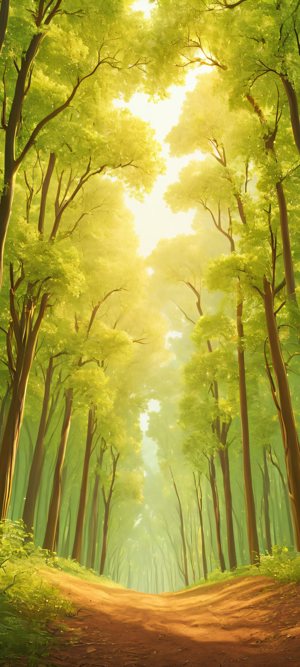 Enchanting forest landscape featuring tall trees and vibrant colors, perfect for iPhone and Android wallpapers