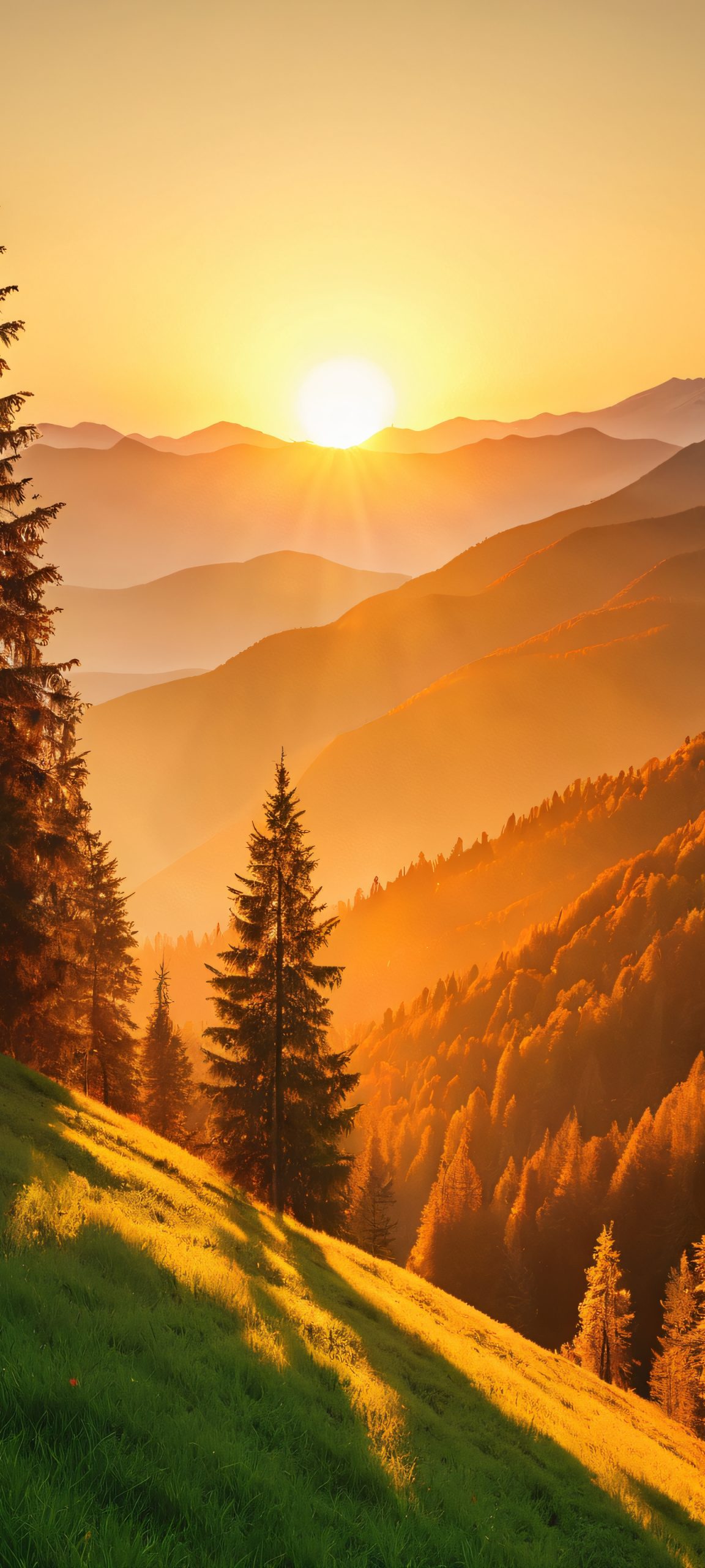 A stunning vertical wallpaper of a mountainous forest landscape at golden hour, perfect for iPhone, Samsung Galaxy, and Android home screens.