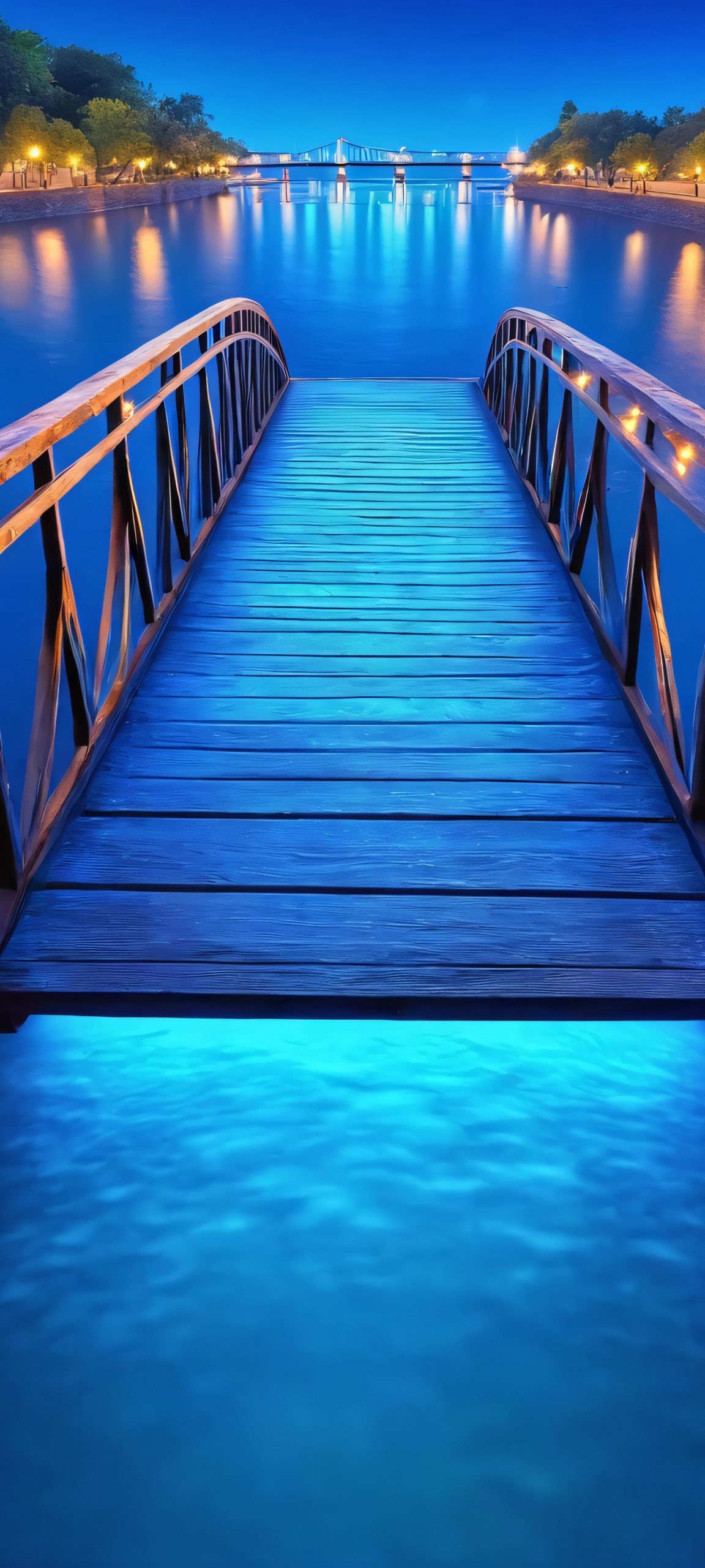 A stunning night bridge scene on iPhone or Android, with vibrant blue lights and water reflections.