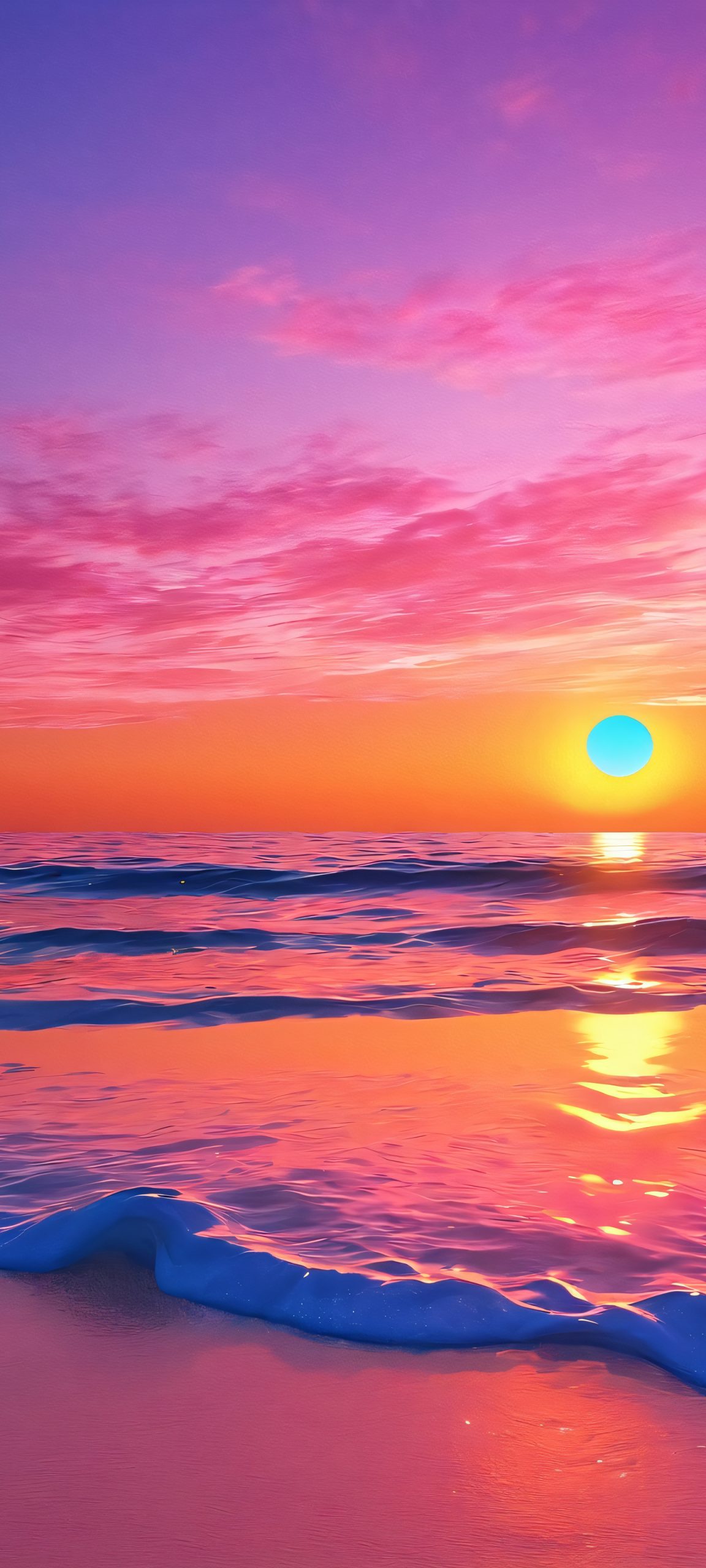 A stunning sunset beach scene, perfect for iPhone and Android home screens, with vibrant oranges, pinks, and blues