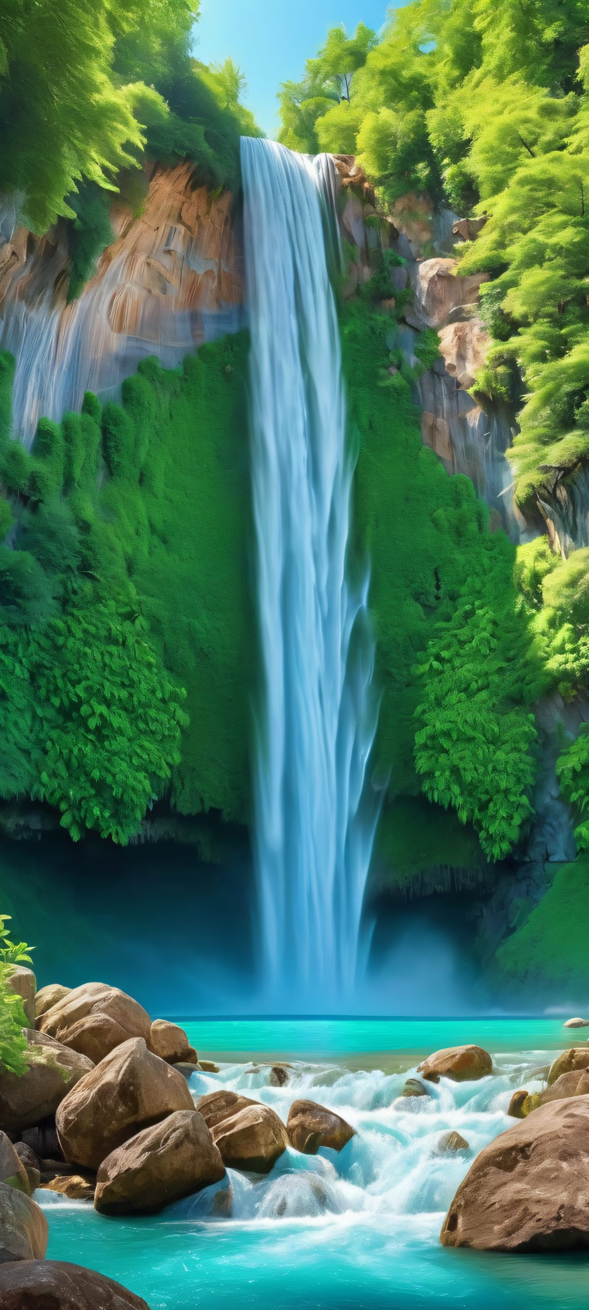 A serene and majestic waterfall on a mountainous landscape, perfectly optimized for iPhone, Samsung Galaxy, and Android home screens
