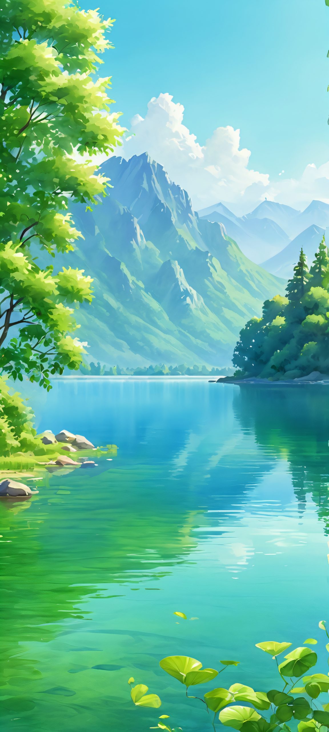 Breezy Lake Oasis QHD Phone Background A serene lake scene with lush greenery, perfectly optimized for iPhone and Android devices, showcasing the beauty of nature on your mobile home screen.