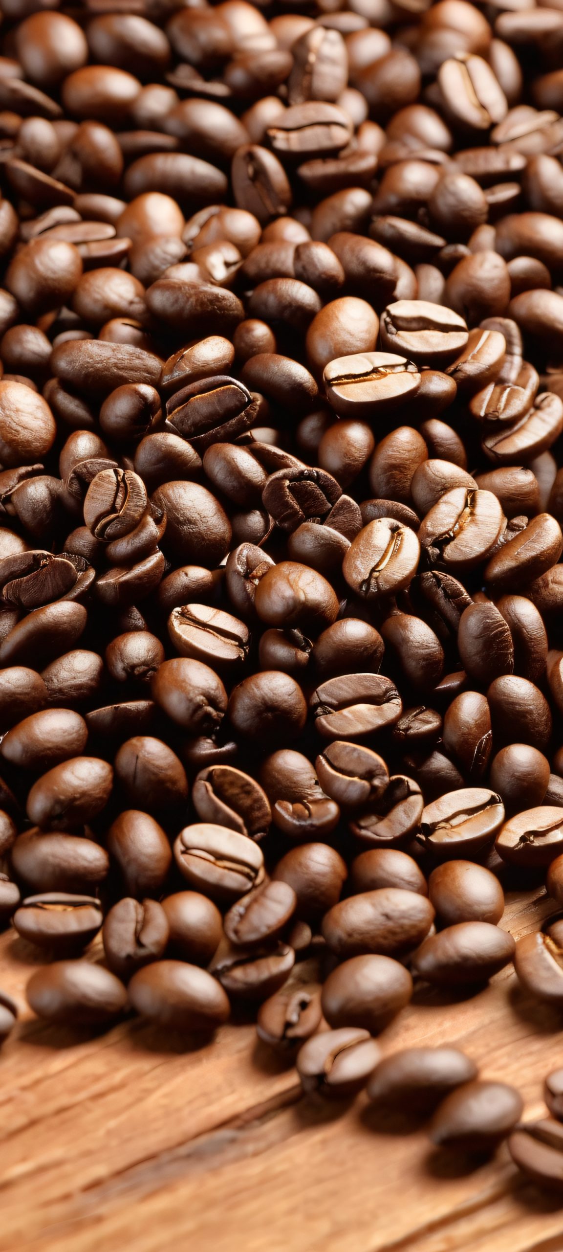 A beautiful mobile wallpaper featuring coffee beans on a wooden table, perfect for iPhone/Android devices.