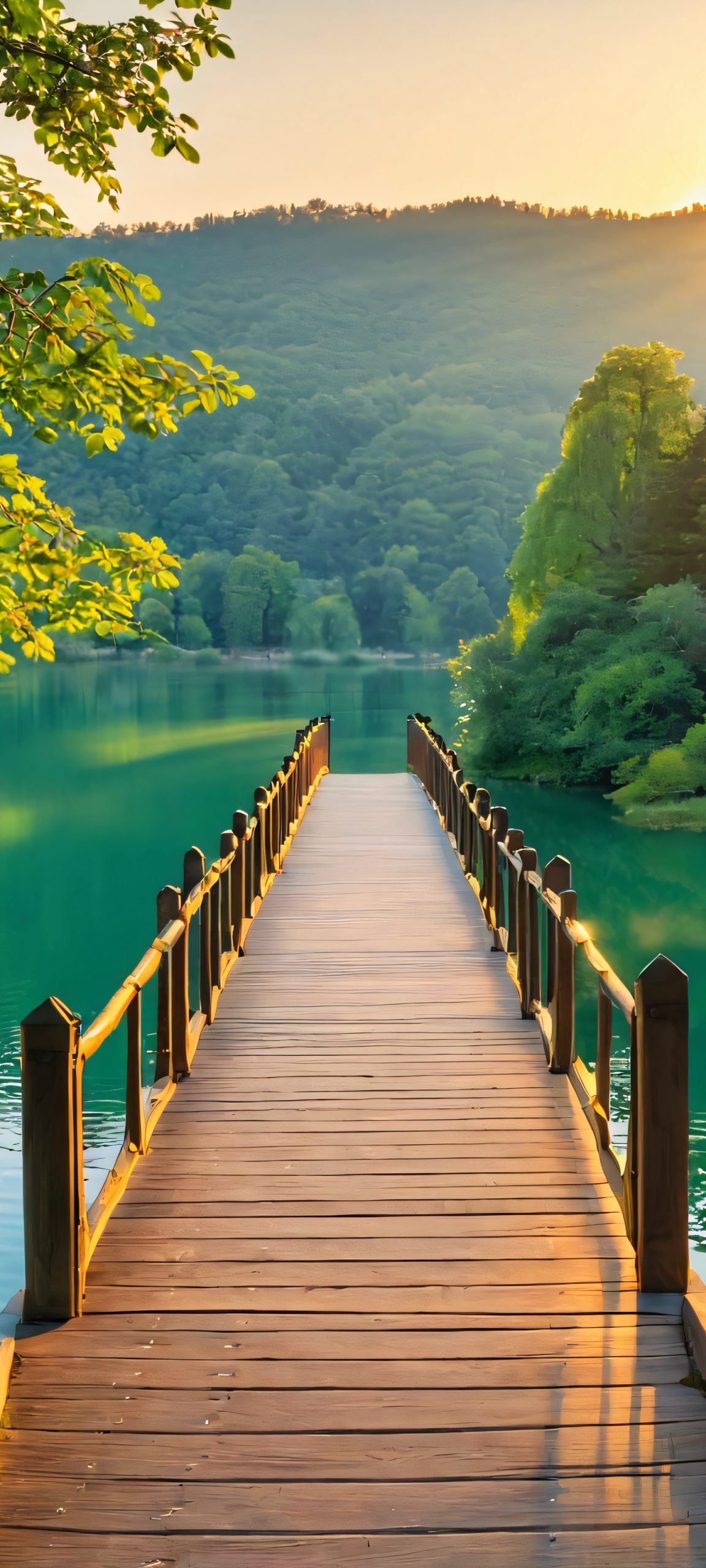 A serene bridge surrounded by a peaceful lake at golden hour, perfectly optimized for iPhone, Samsung Galaxy, and Android home screens.