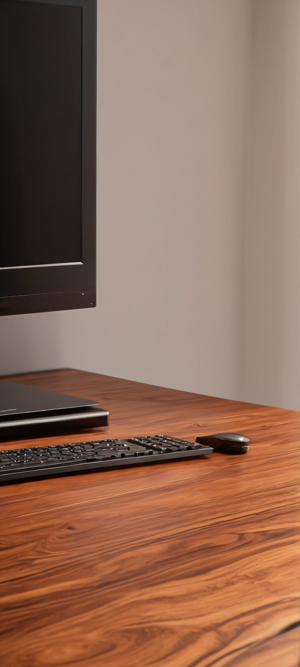Brown Wooden Table iPhone & Samsung QHD Wallpaper iPhone/Android wallpaper of a beautifully crafted brown wooden table with a computer monitor, softly lit by natural light.