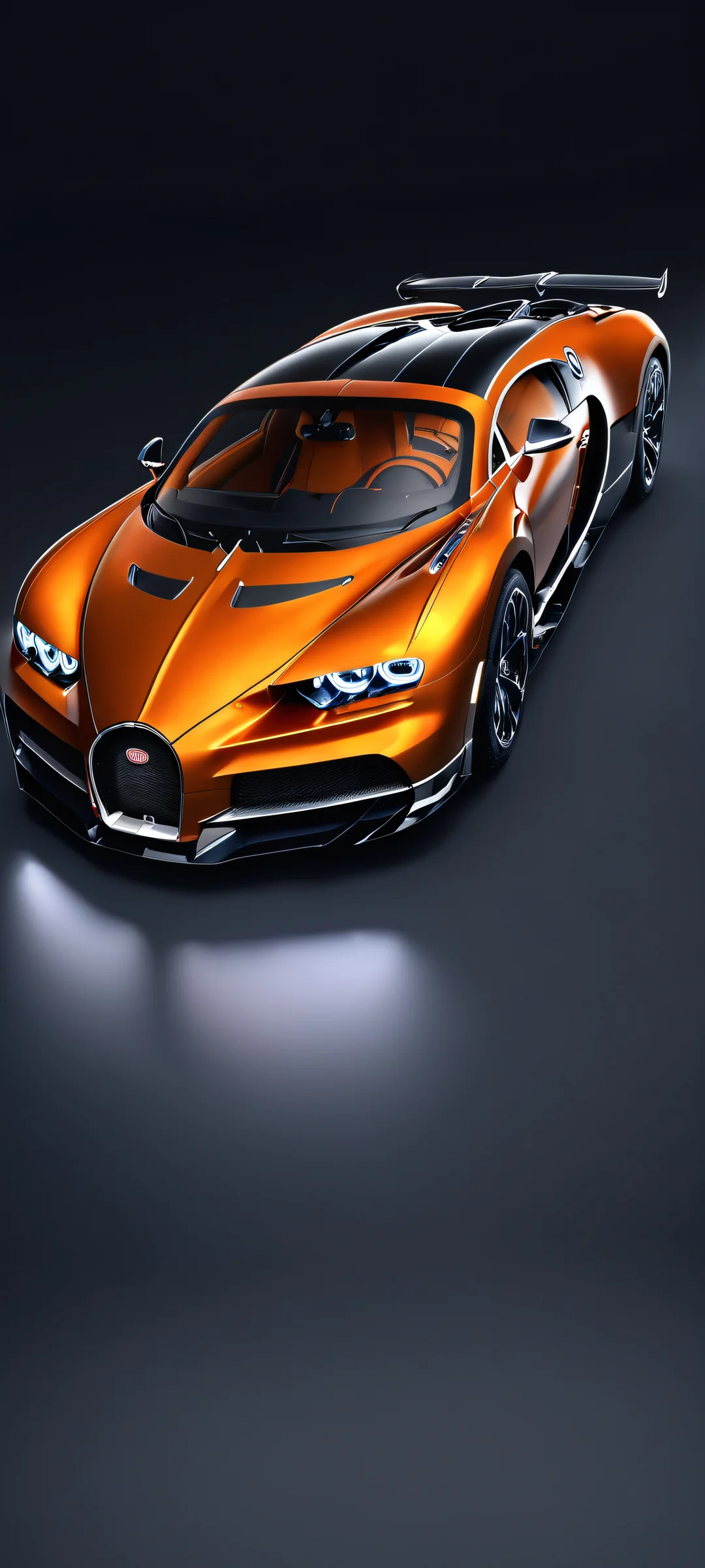 A stunning Bugatti studio shot for iPhone and Android mobile wallpapers, featuring a realistic dark metallic masterpiece.
