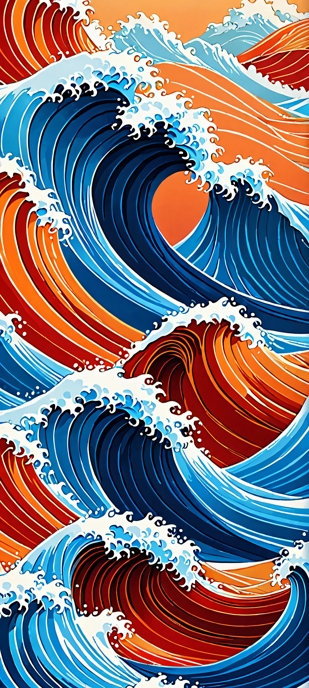 iPhone/Android mobile wallpaper featuring breathtaking waves in blue, orange, and red hues.
