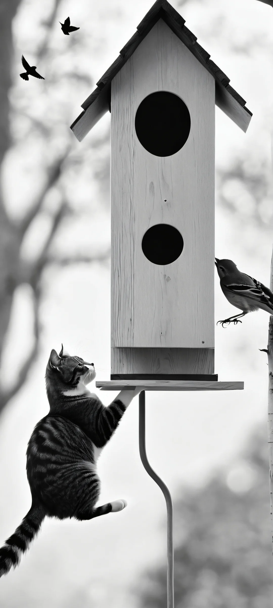 A serene black and white mobile wallpaper featuring a cat and bird perched on a realistic birdhouse amidst natural surroundings, perfect for iPhone and Android home screens.