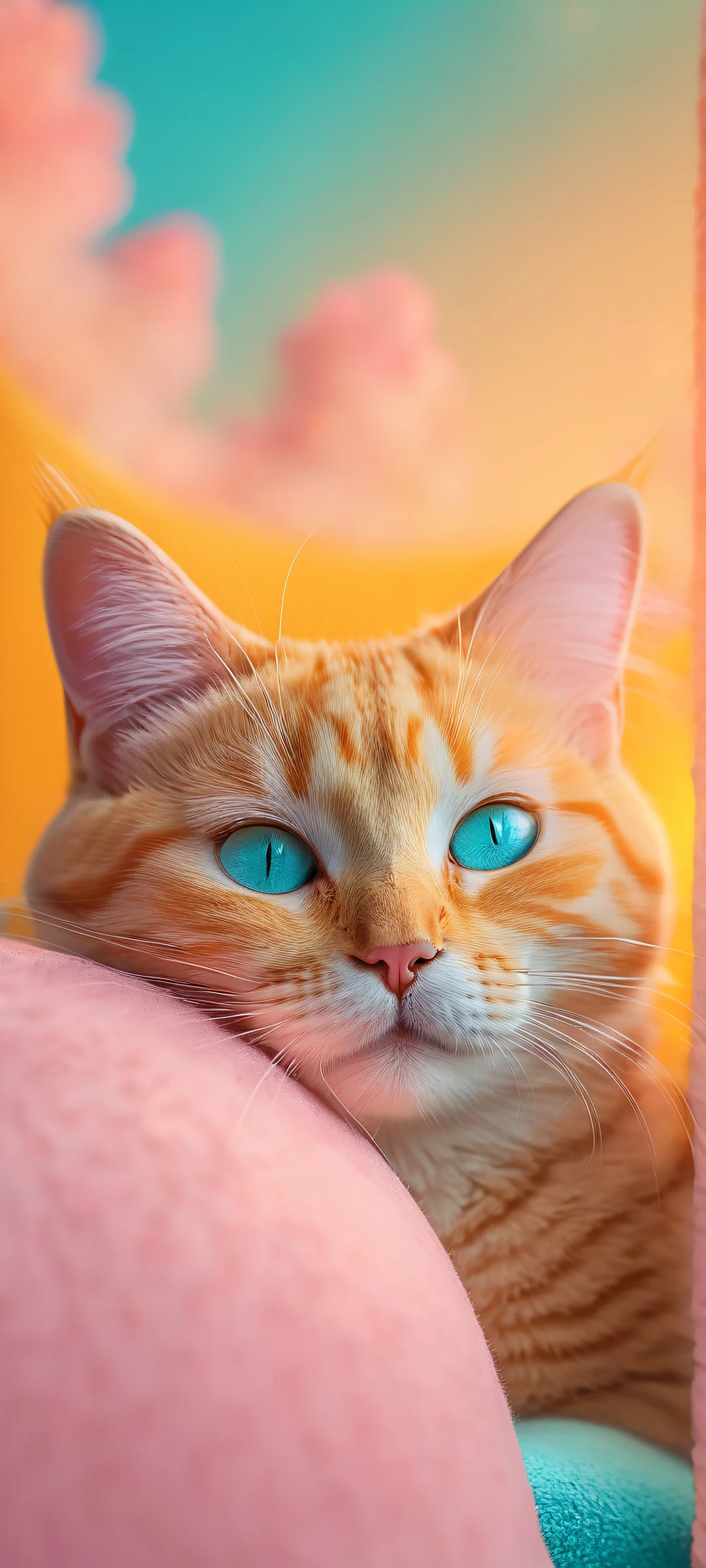 A whimsical cat enjoying a peaceful nap amidst a neon glow-filled dreamscape, perfect for iPhone and Android home screens.