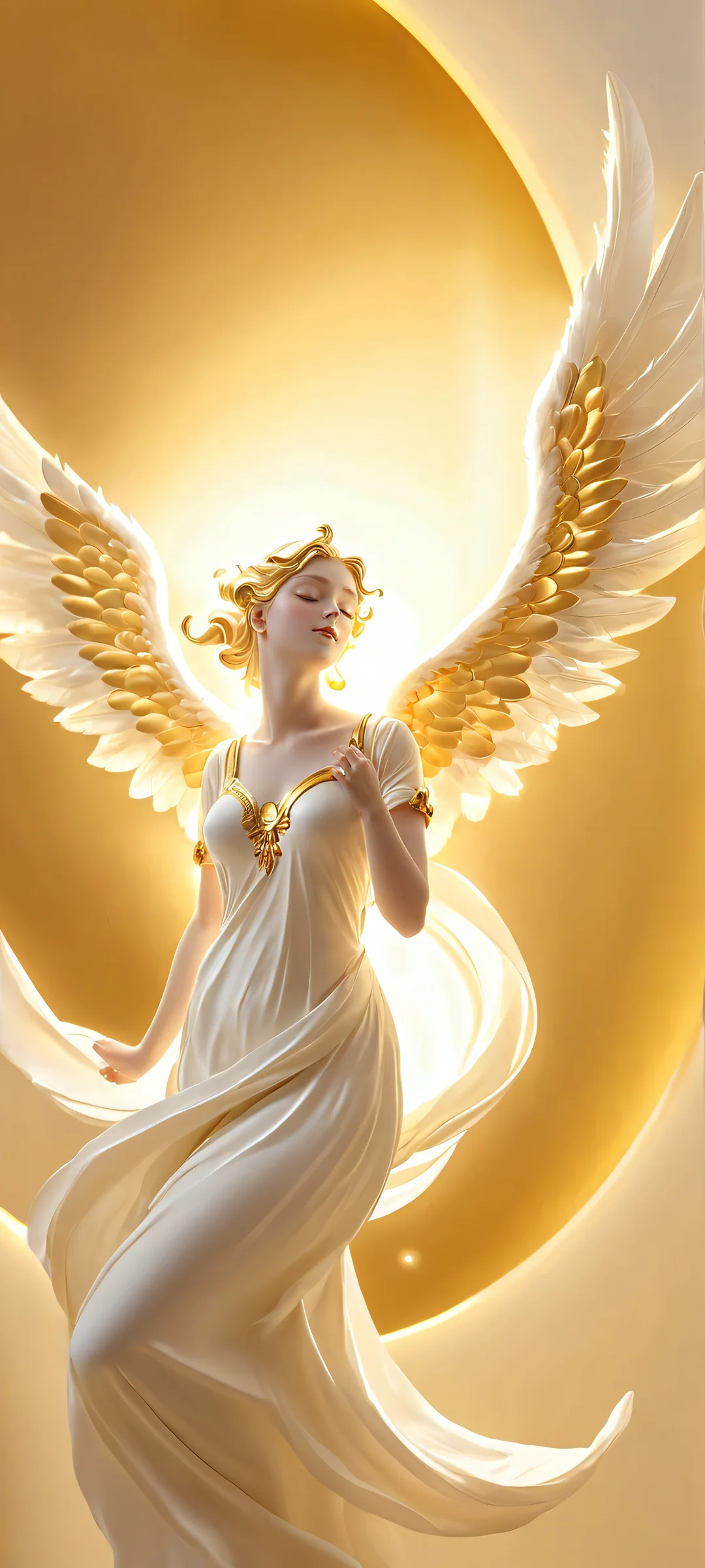 A stunning mobile wallpaper of a celestial oasis, perfect for iPhone and Android devices. Golden, white, and cream hues glow softly, creating a peaceful atmosphere.