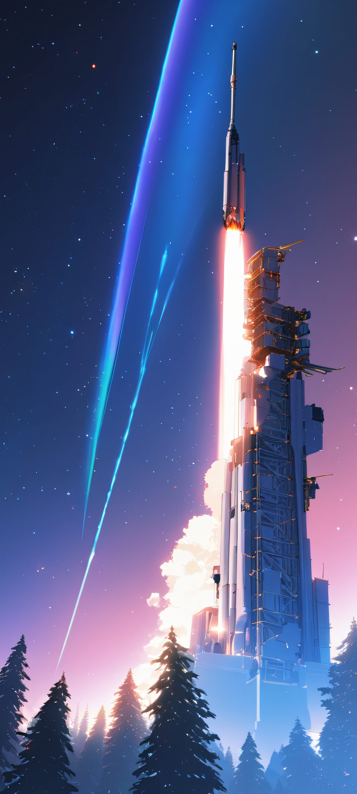 iPhone and Android users, gaze upon this stunning satellite launch scene set against a soft glow night sky. Perfectly optimized for your mobile phone's home screen.