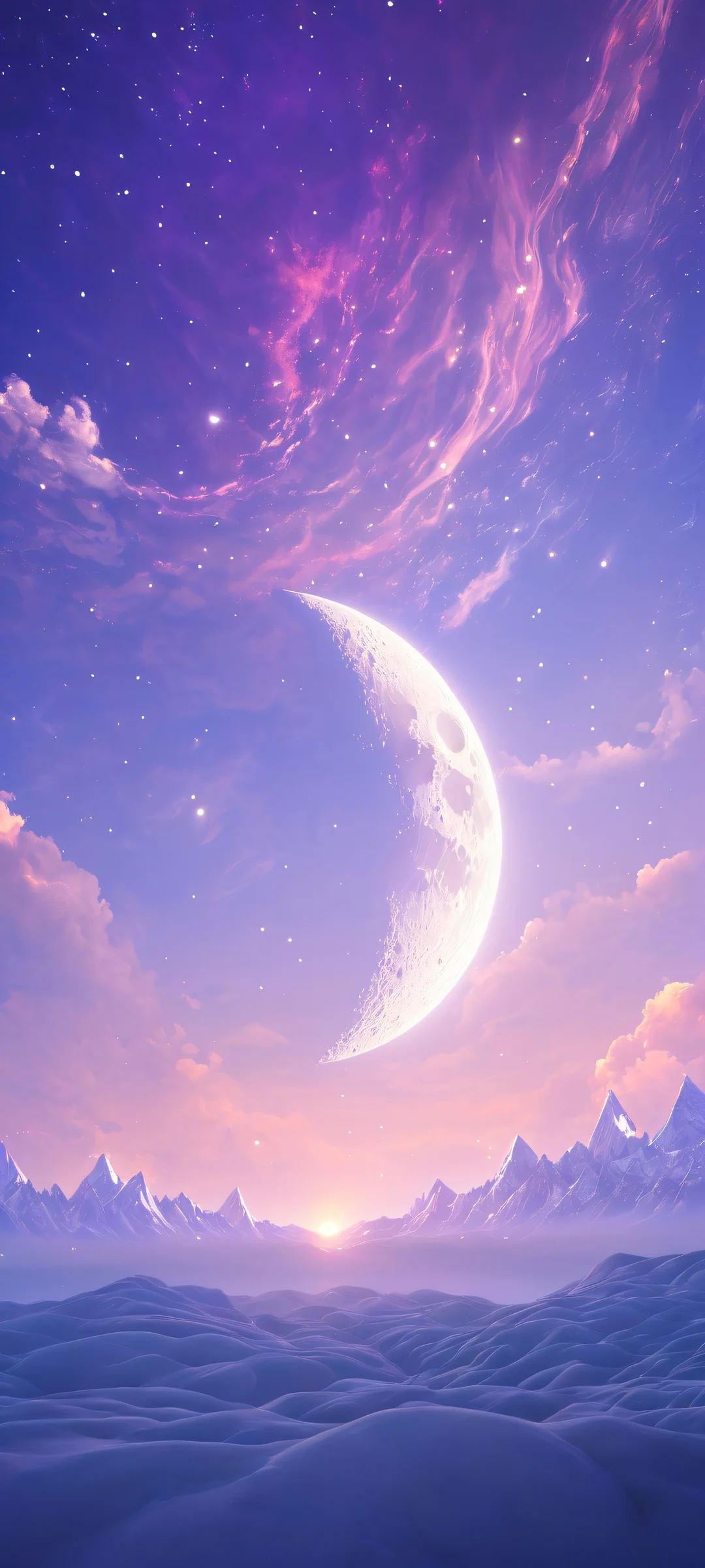 Celestial Solace iPhone & Android Wallpaper A serene iPhone/Android wallpaper featuring ethereal celestial bodies against a starry night sky.
