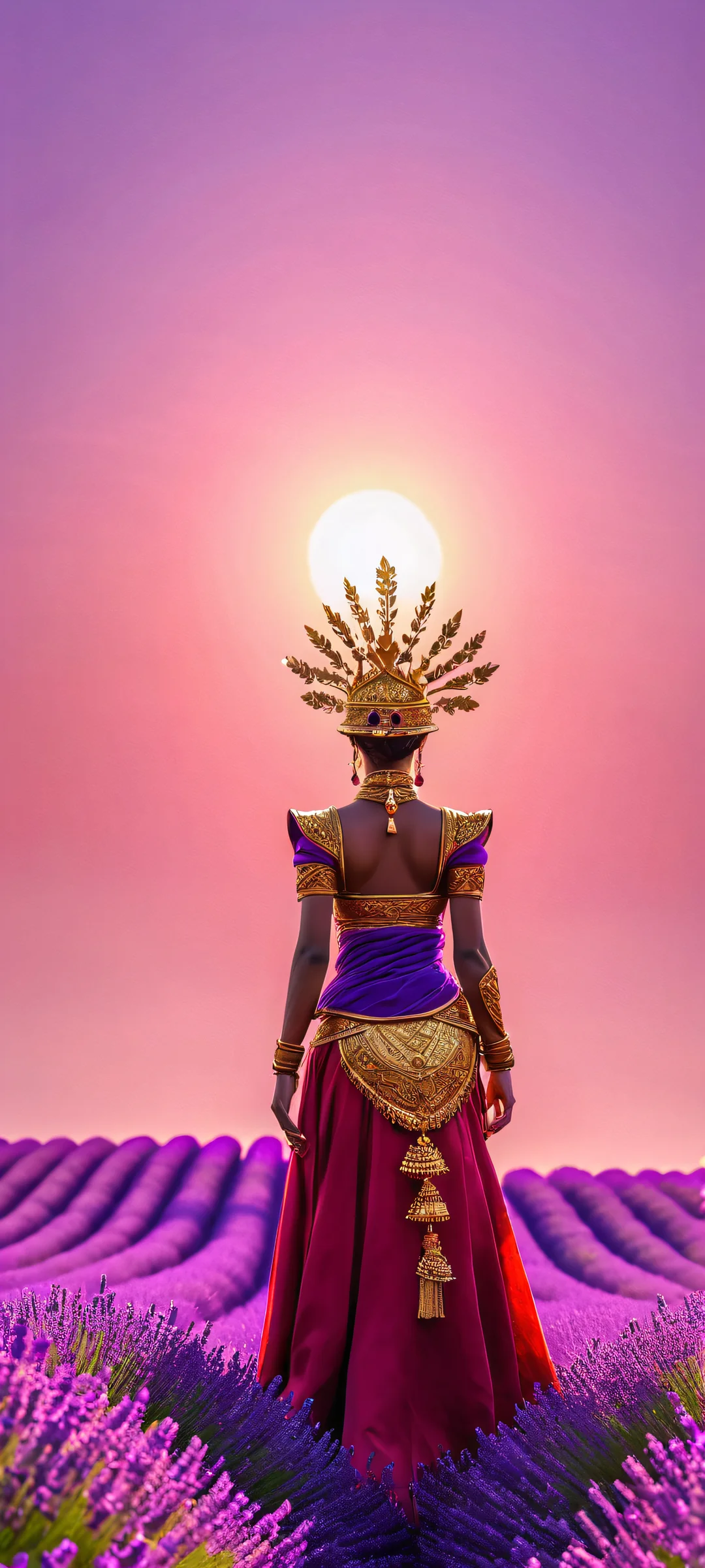 A majestic ceremonial figure stands amidst a field of lavender, adorned with a glowing golden crown against a deep crimson backdrop - perfect for iPhone/Android home screens.