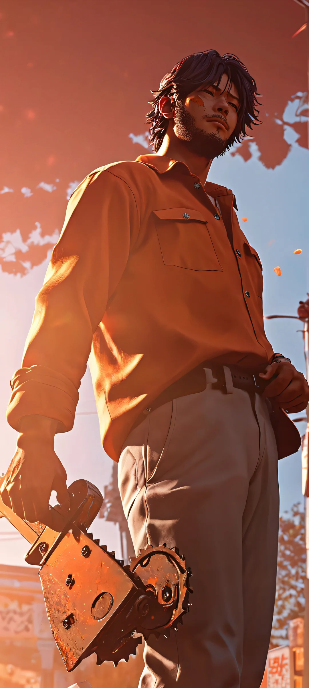 Epic Chainsaw Man battle scene on a busy street. Parfait pour les écrans d'accueil iPhone et Android.