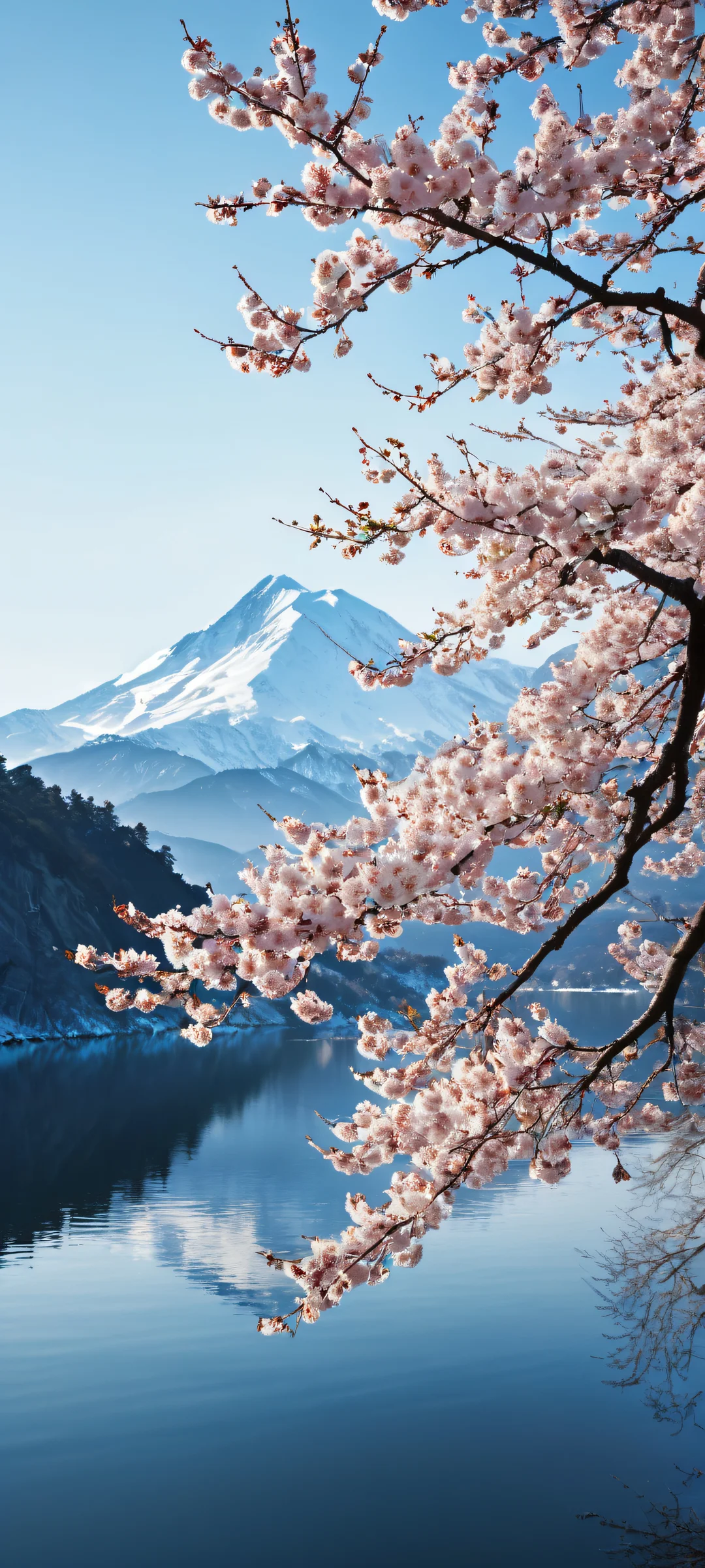 Breathtaking winter landscape with cherry blossom branches on iPhone/Android devices