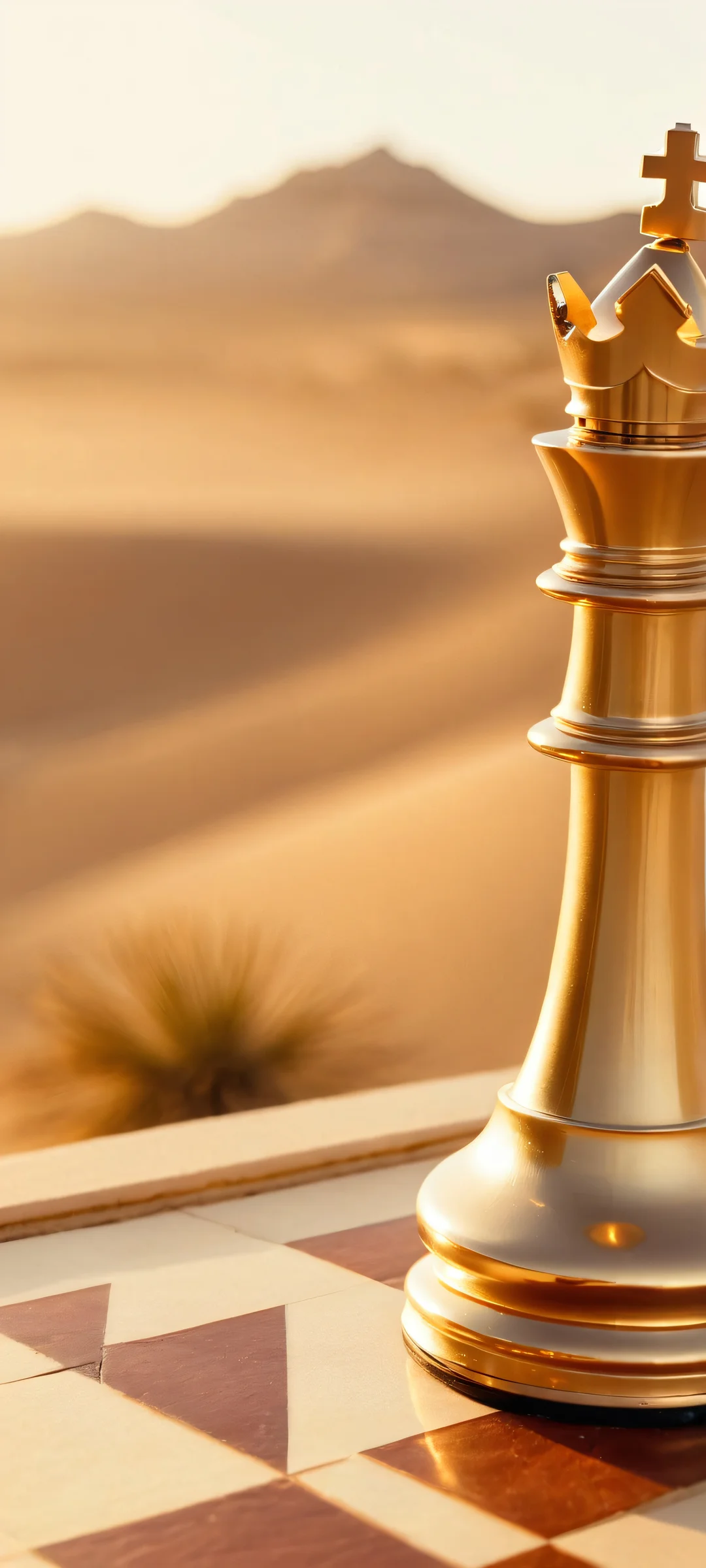 Queen of the Dunes Lock Screen for iOS & Android iPhone and Android users will love this surreal wallpaper featuring a stunning Chess Queen against a breathtaking desert landscape, with soft golden hour lighting.