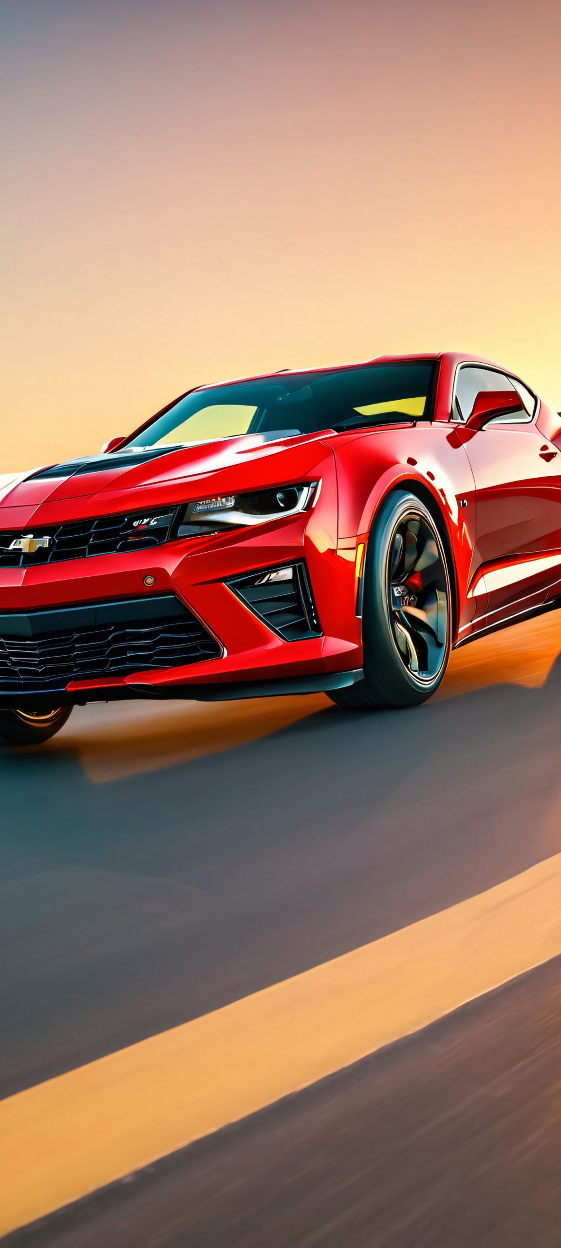A beautiful Chevrolet Camaro driving on a sunny road, perfectly optimized for iPhone, Samsung Galaxy, and Android home screens
