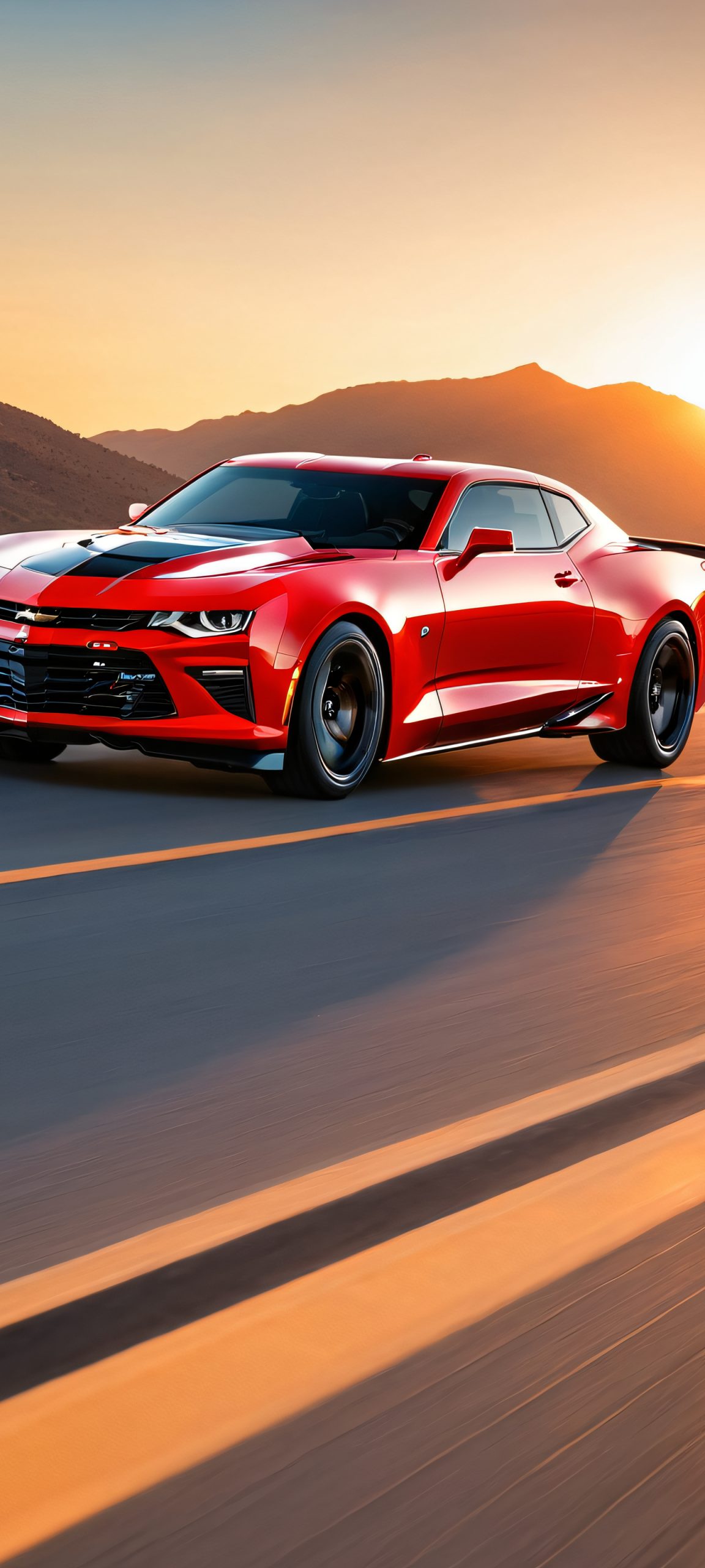 A stunning Chevrolet driving on a highway during golden hour, perfect for iPhone/Android wallpapers.