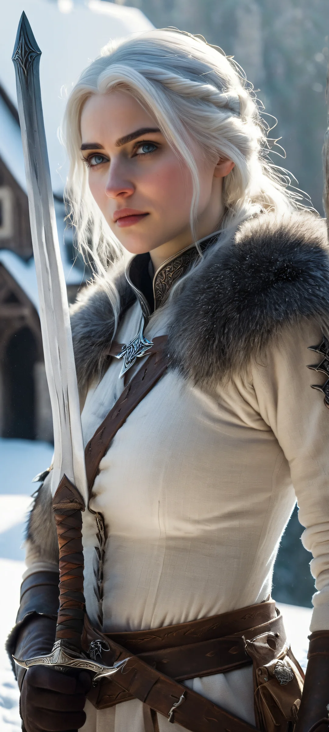 iPhone and Android user will love this breathtaking vertical mobile wallpaper of Cirilla Fiona Elen Riannon, a young adult witcher trainee executing precise sword form in a snow-covered courtyard of Kaer Morhen during a harsh winter morning.