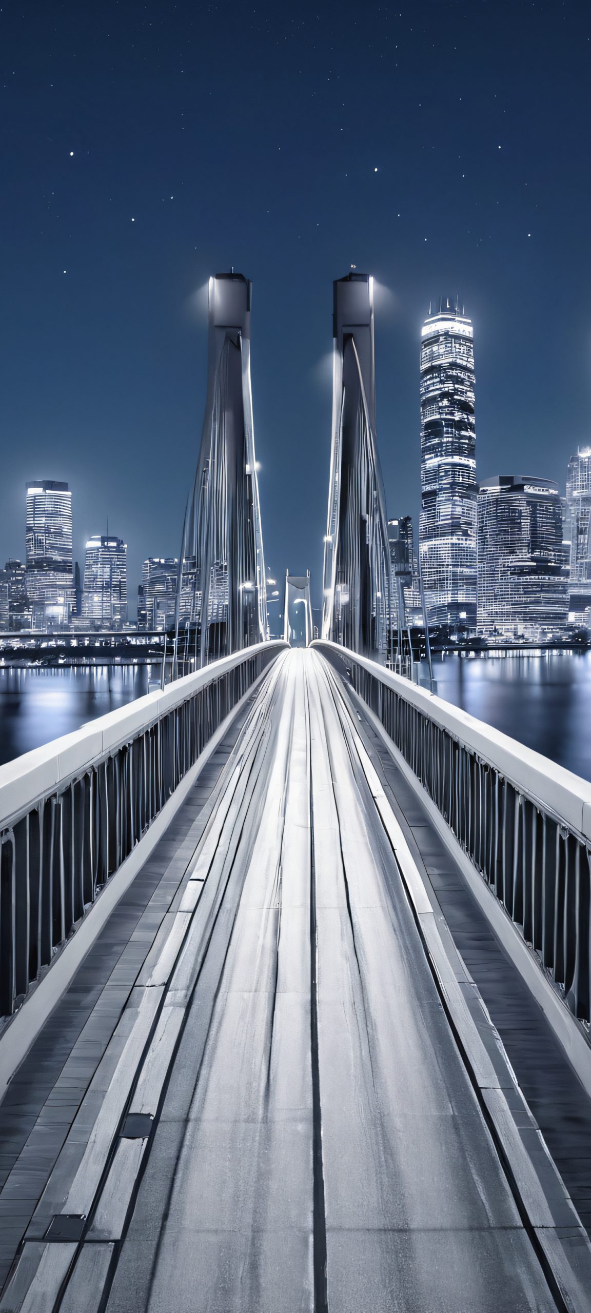 Stunning nighttime cityscape on iPhone/Android with blue, gray, and white hues