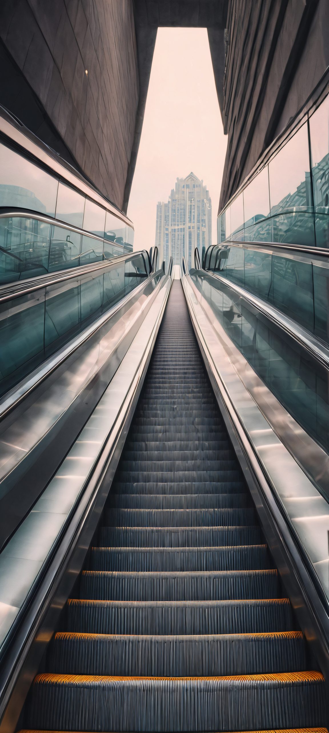 City Escape 2K Mobile Background Urban cityscape on an escalator, perfect for iPhone or Android home screens. Moody masterpiece with dark tones.