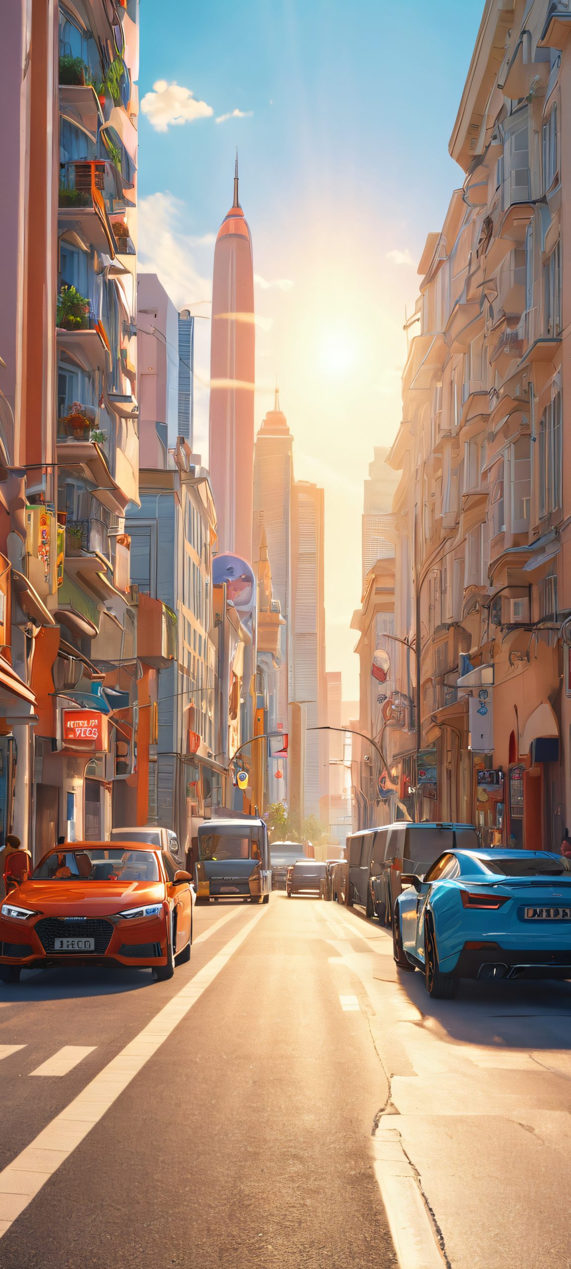 Beautiful city street scene iPhone and Android wallpaper with realistic daytime details