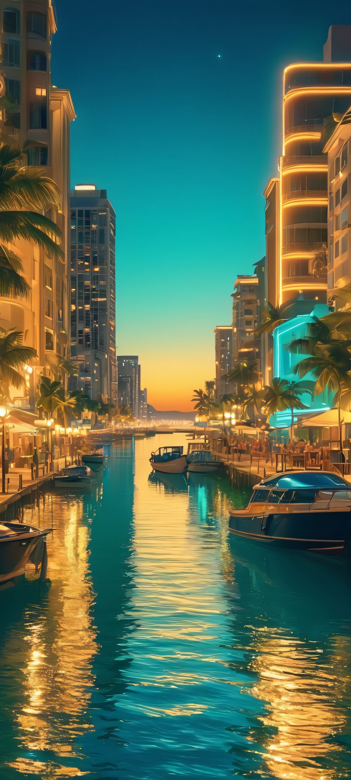 Breathtaking cityscape at sunset, perfect for iPhone and Android home screens, featuring deep blues, soft greens, and golden hues.