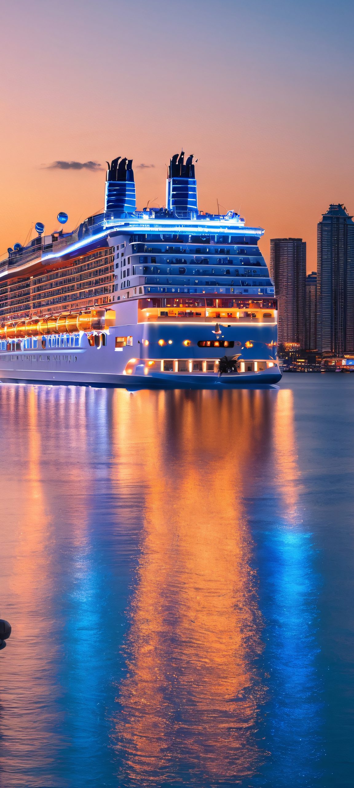 iPhone and Android wallpaper featuring a breathtaking cruise ship waterfront scene at night, with vibrant city lights and a stunning blue and orange color palette