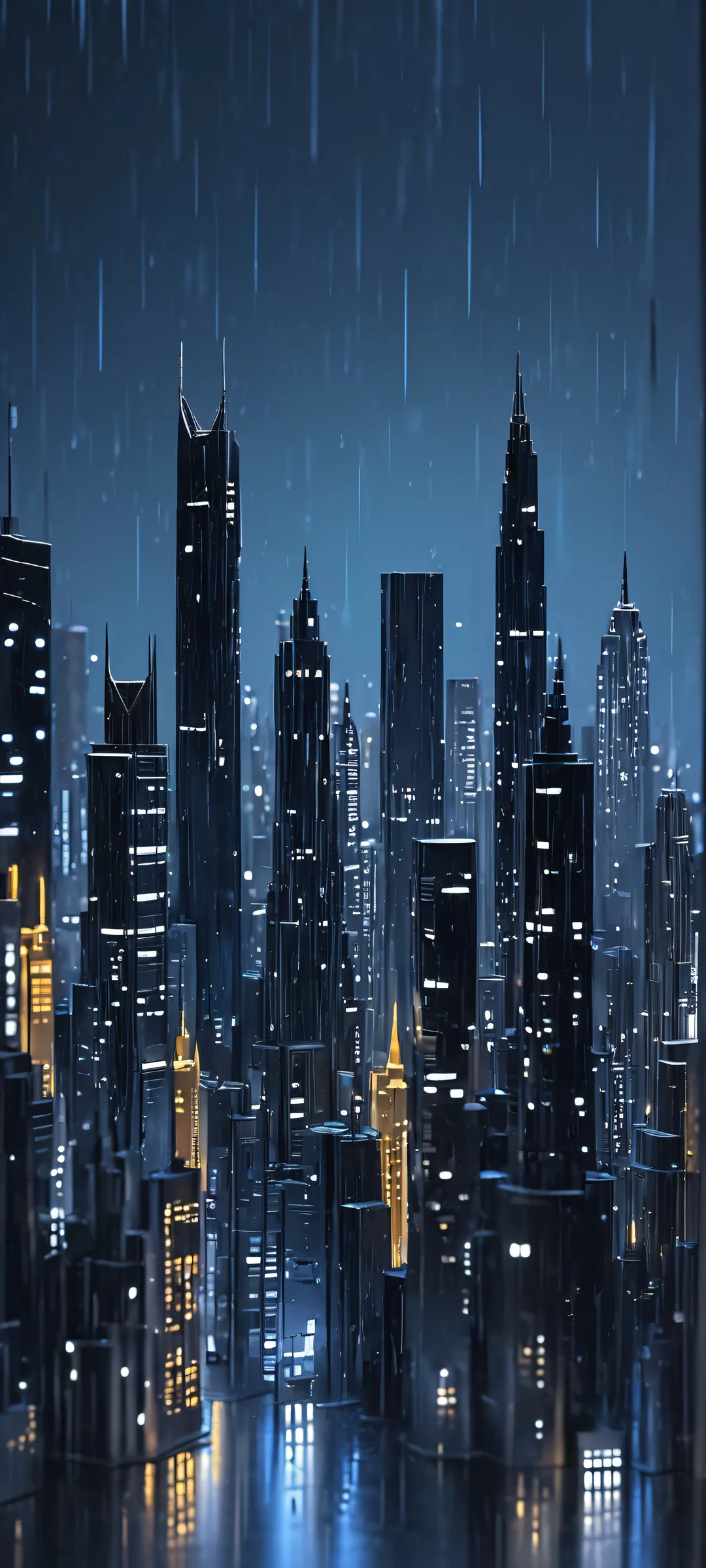 A dramatic and moody city skyline on a rainy night, perfectly optimized for iPhone/Android home screens.