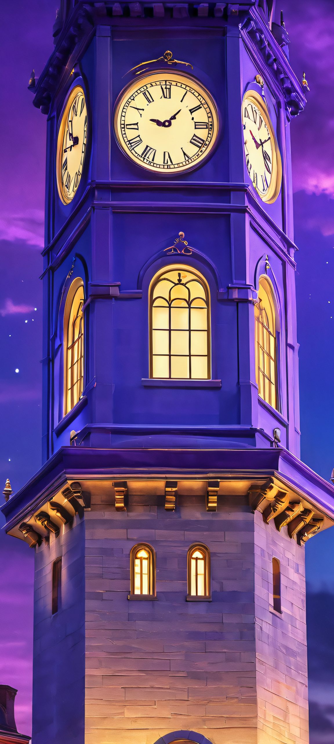 A stunning vertical iPhone/Android wallpaper of a clock tower at night, softly lit in shades of blue, purple, and gold.