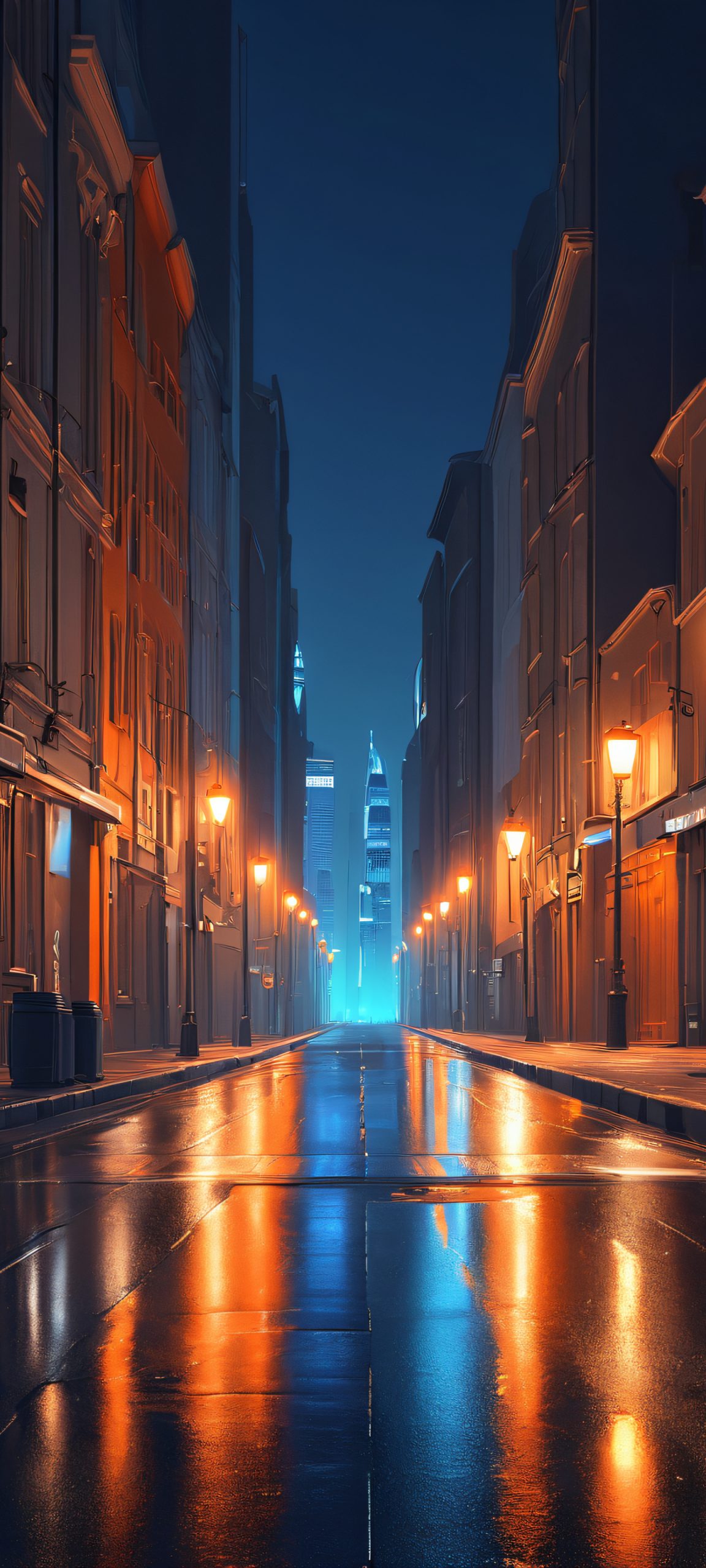 Cityscape at night with streetlights shining bright on an iPhone or Android device