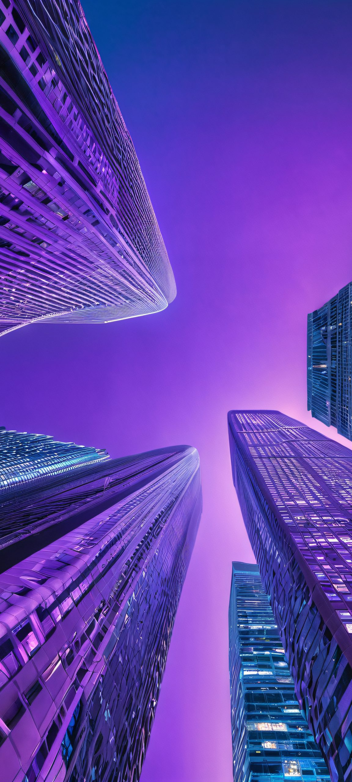A stunning night cityscape on an iPhone or Android device, showcasing towering skyscrapers illuminated against a dark blue and gray urban backdrop.