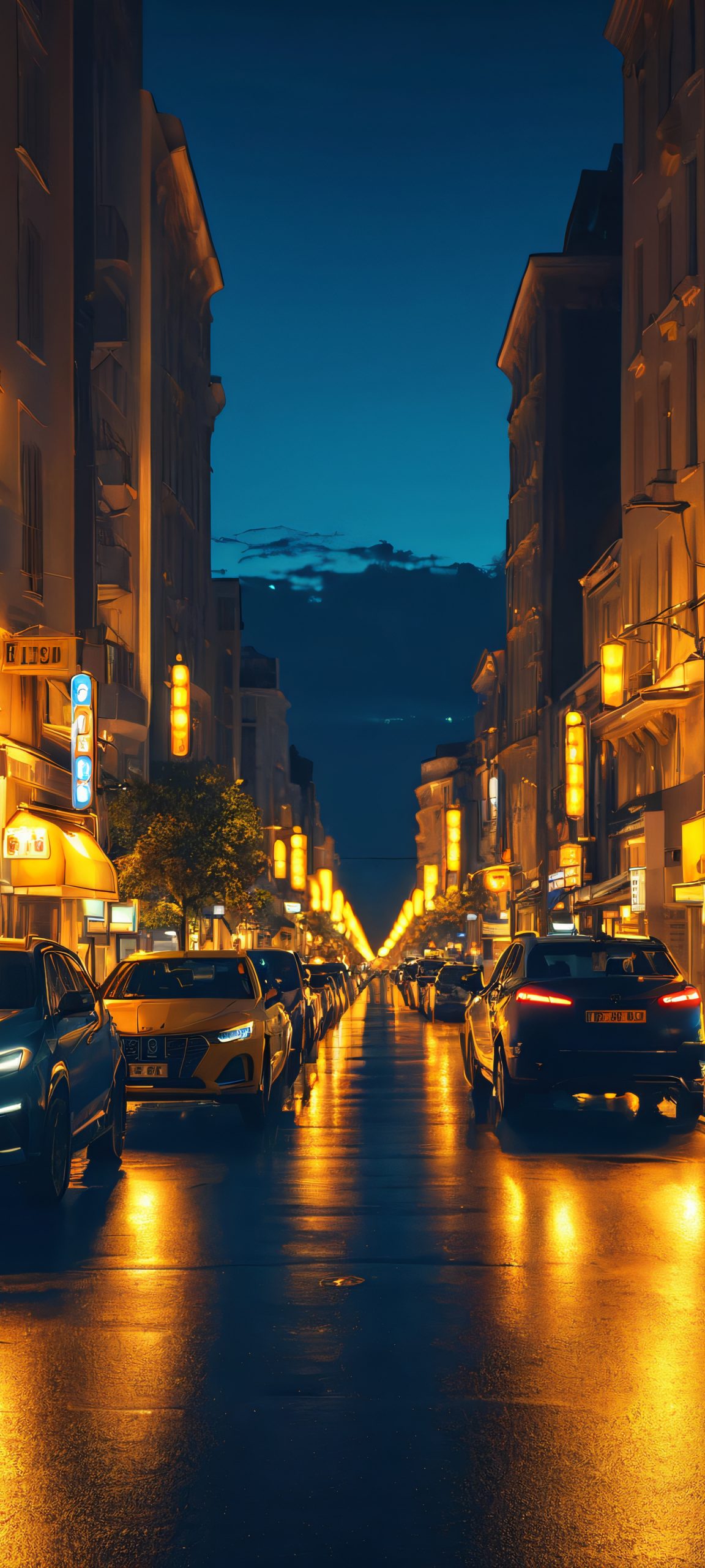 A stunning cityscape at night, perfect for your iPhone or Android home screen, with vibrant streetlights and a mix of deep blues and warm yellows.