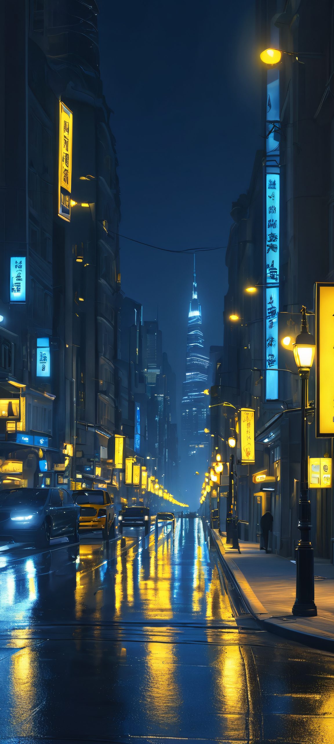 iPhone/Android compatible cityscape at night, featuring streetlights, deep blue, yellow, and grey hues