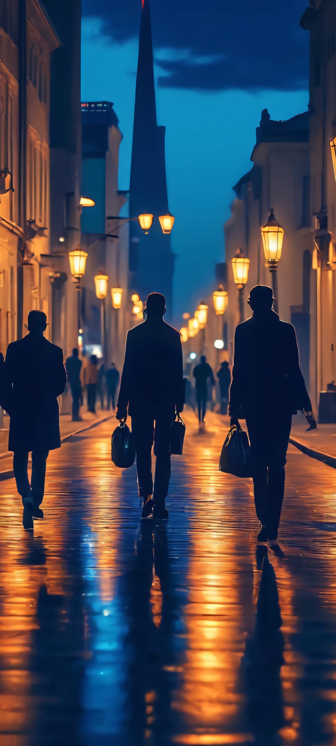 City Nightscape iPhone & Samsung QHD Wallpaper People walking at night in a city with streetlights and deep blue sky, perfectly optimized for iPhone/Android home screens.