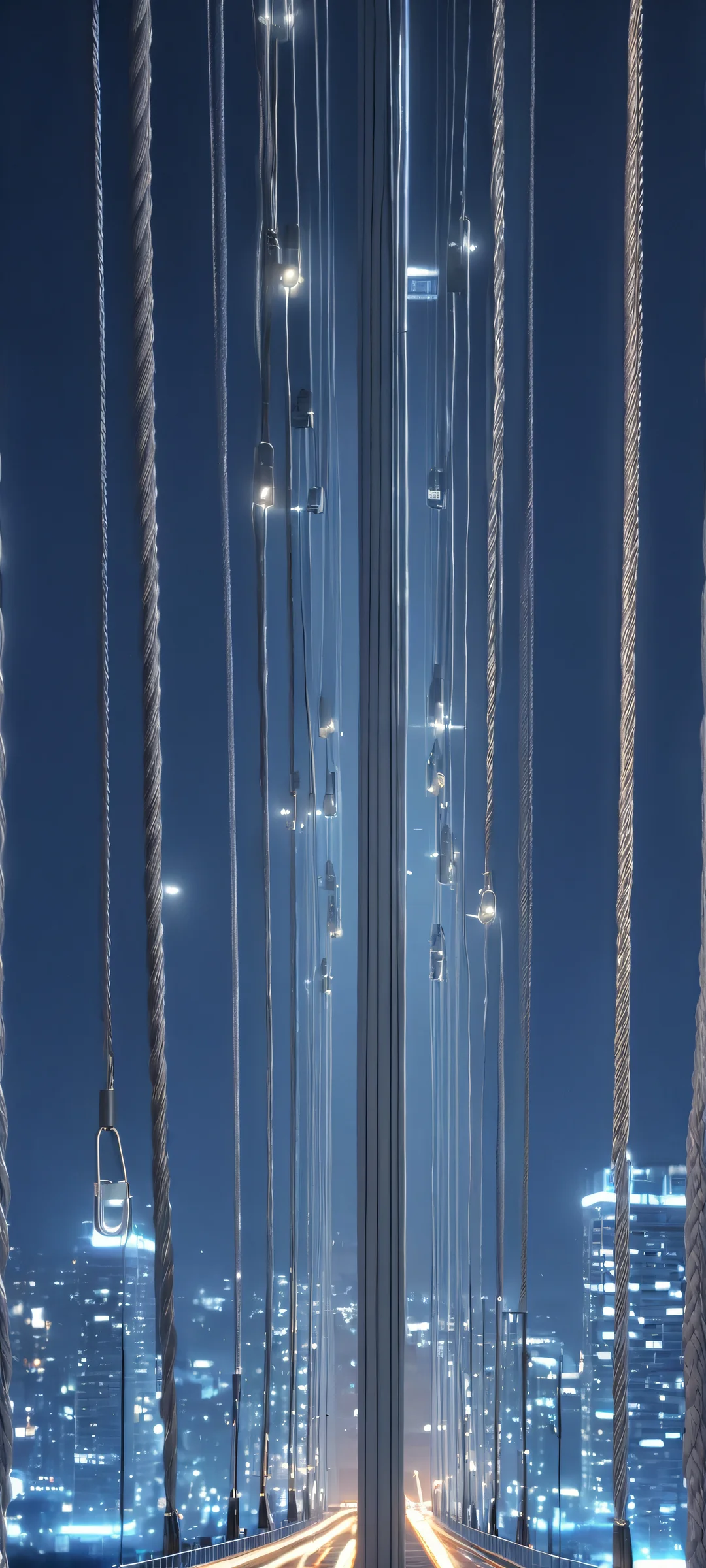 Suspension cables glowing in the night cityscape on iPhone or Android devices.