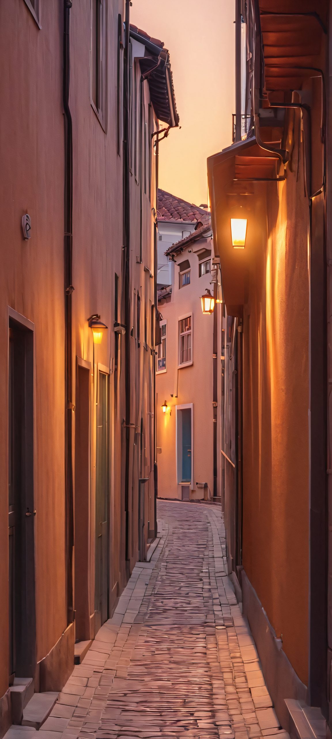 City Nightscape Aesthetic Phone Wallpaper A serene iPhone and Android mobile wallpaper featuring a stunning narrow alleyway scene with city buildings at sunset, #8B4513 muted evening light, and breathtaking masterful details.