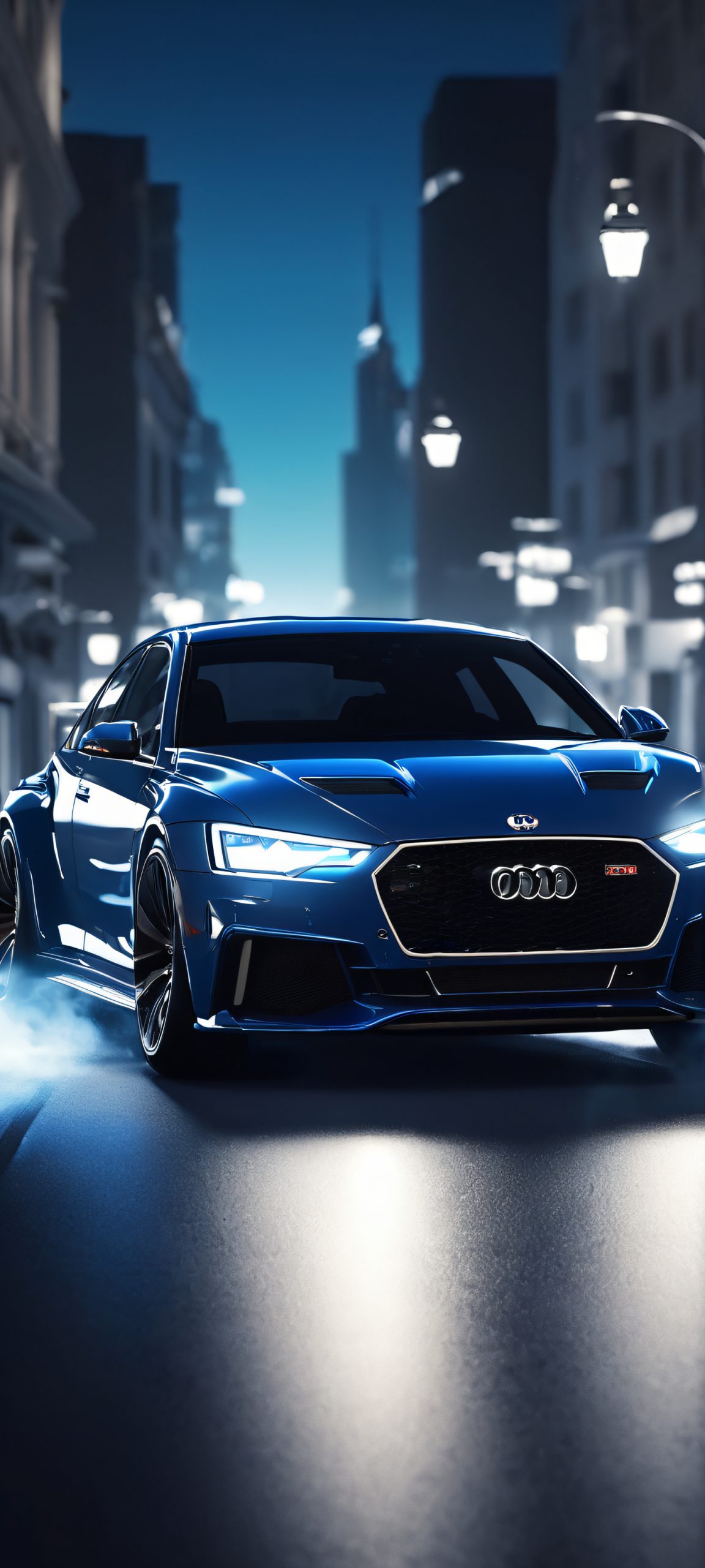 A stunning vertical mobile wallpaper featuring a realistic cityscape at night with a sleek car parked in the foreground, suitable for iPhone/Android devices.