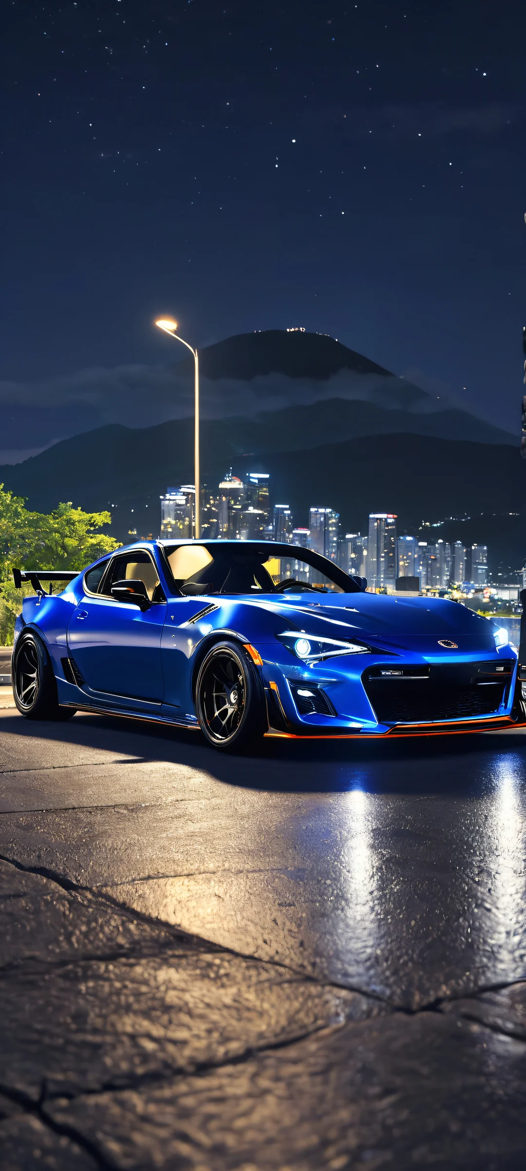 JDM Car Night Meet in the city with distant landscape at night. Perfect for iPhone/Android home screens.