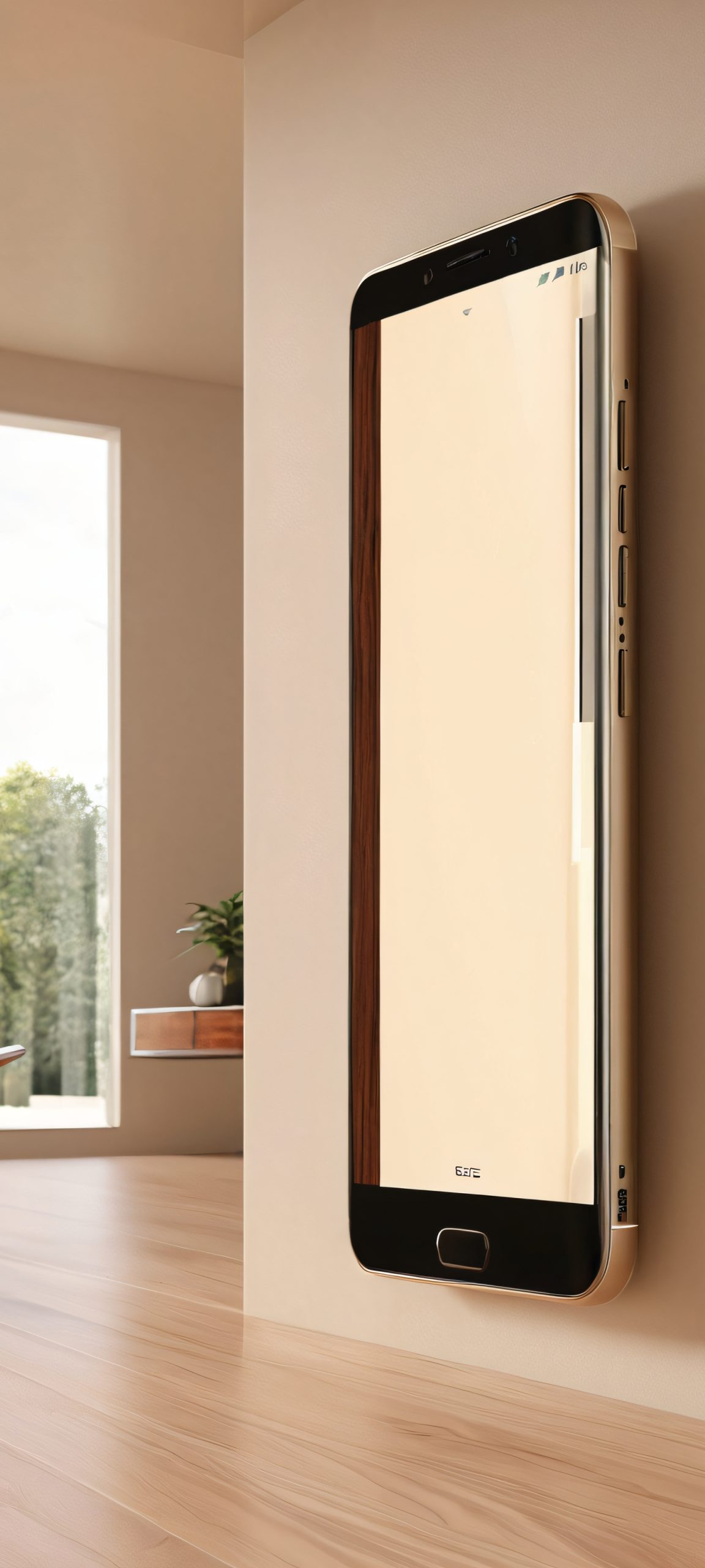 Breathtaking vertical mobile wallpaper of modern city skyscraper interior, showcasing creamy and wood brown tones with soft natural light, perfect for iPhone and Android home screens.