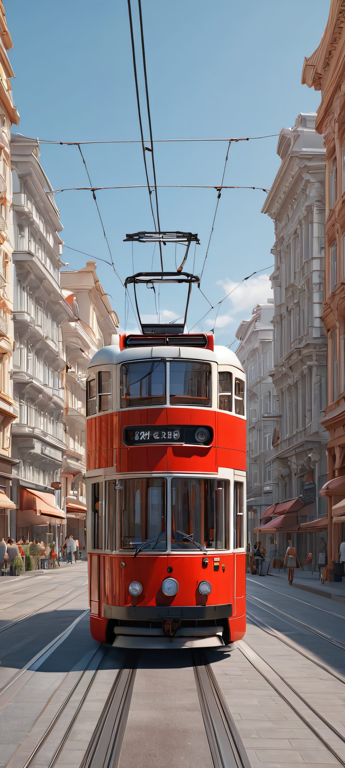A stunning daytime landscape of a city street with a tram, perfectly optimized for iPhone and Android home screens.