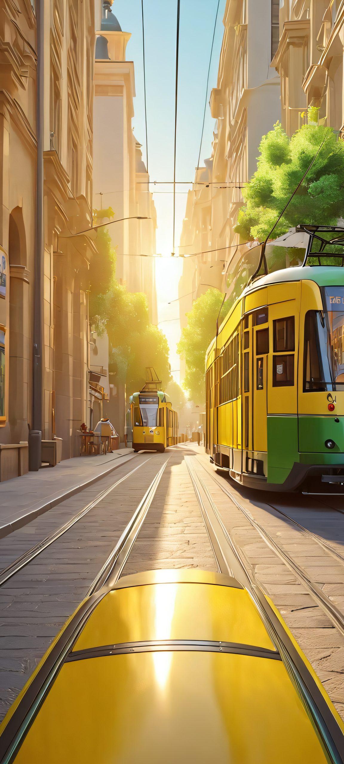 City Street Tram 2K Mobile Background Realistic city street scene with a tram passing through, suitable for iPhone/Android devices