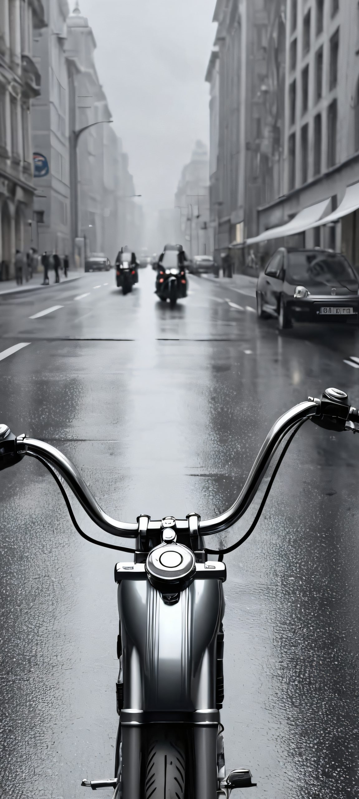 iPhone and Android mobile phone wallpaper of bikes on a city street under an overcast sky, featuring realistic metallic silver, dark gray, and concrete textures.